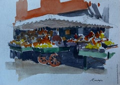 Menton French Riviera Market Scene Mid Century Watercolour by Pierre Neveu