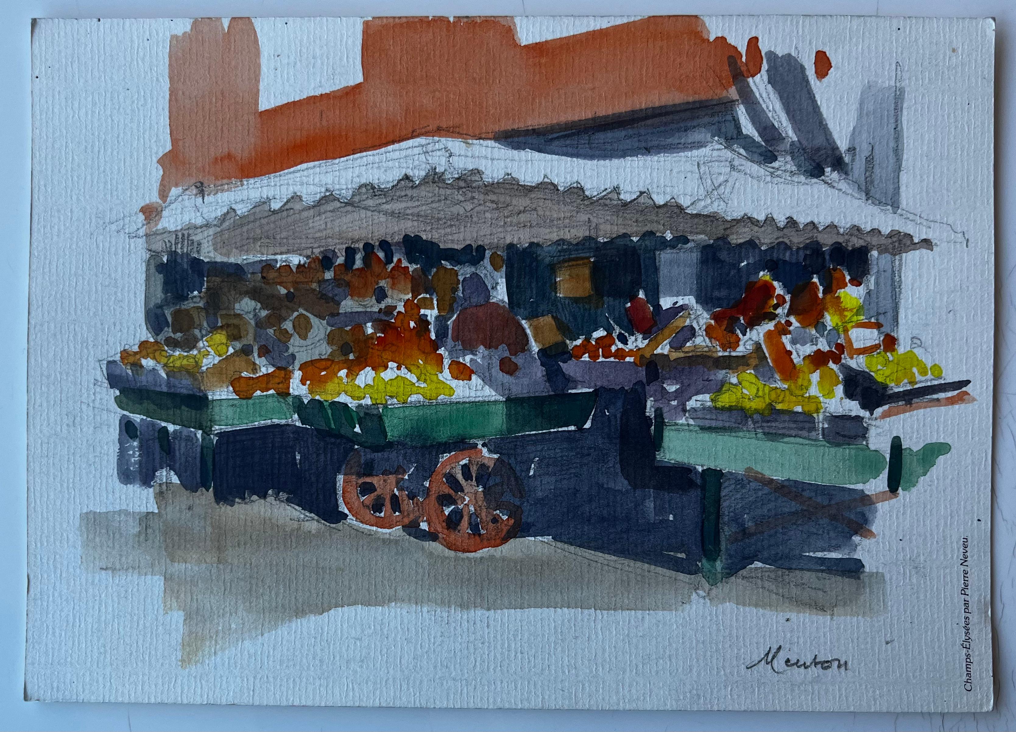 Menton Côte d'Azur Scène de marché Aquarelle du milieu du siècle par Pierre Neveu en vente 1