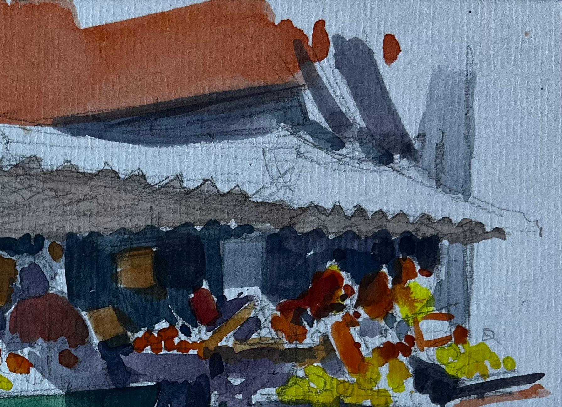 Menton Côte d'Azur Scène de marché Aquarelle du milieu du siècle par Pierre Neveu en vente 2