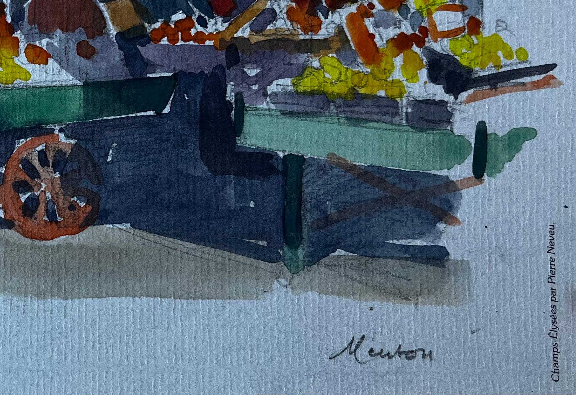 Menton Côte d'Azur Scène de marché Aquarelle du milieu du siècle par Pierre Neveu en vente 4