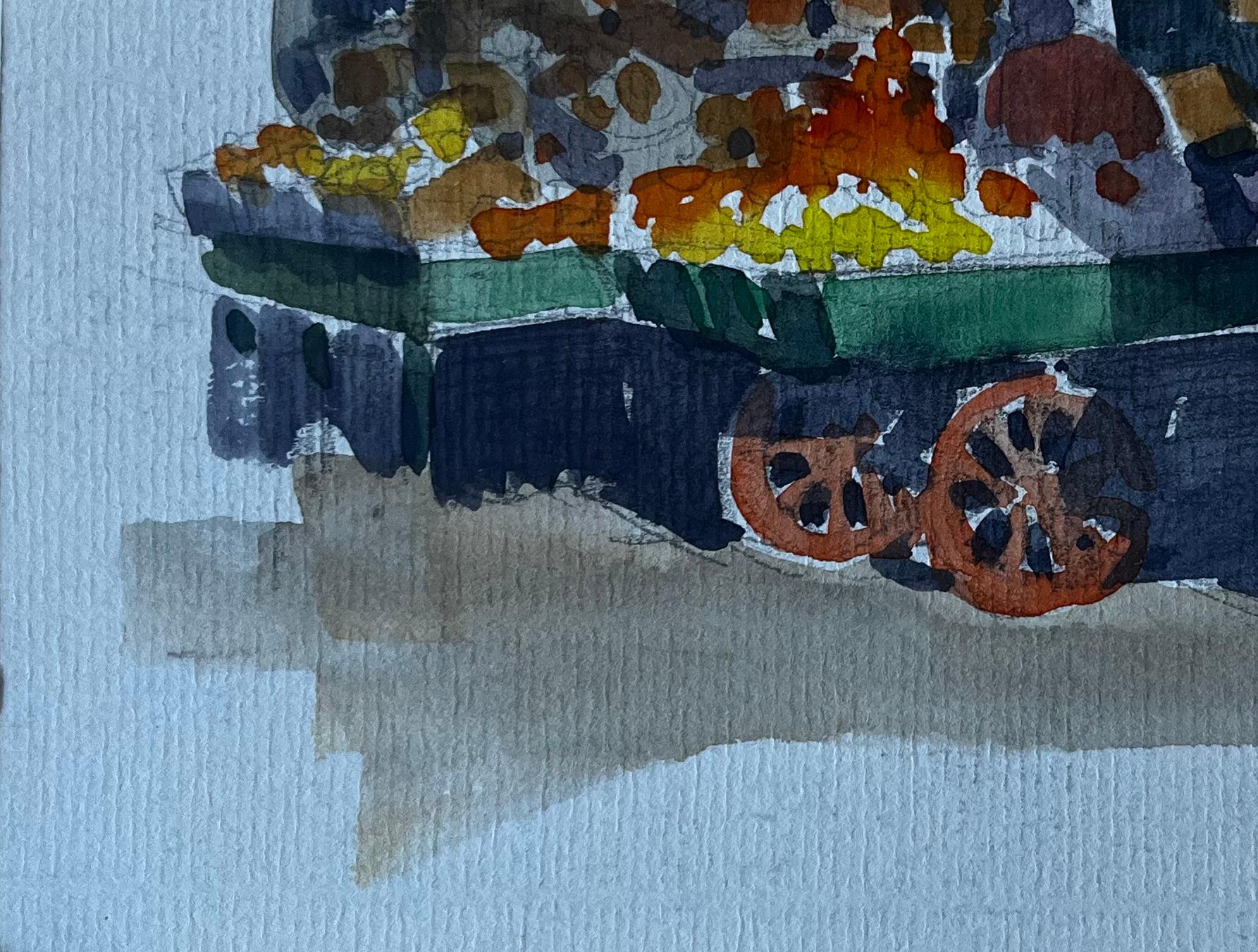 Menton Côte d'Azur Scène de marché Aquarelle du milieu du siècle par Pierre Neveu en vente 5