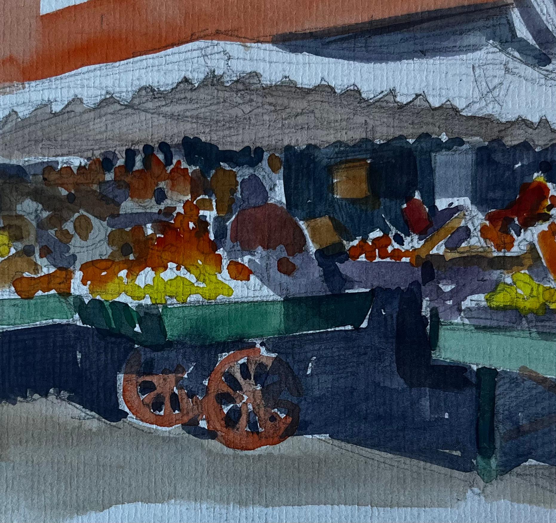 Menton Côte d'Azur Scène de marché Aquarelle du milieu du siècle par Pierre Neveu en vente 6