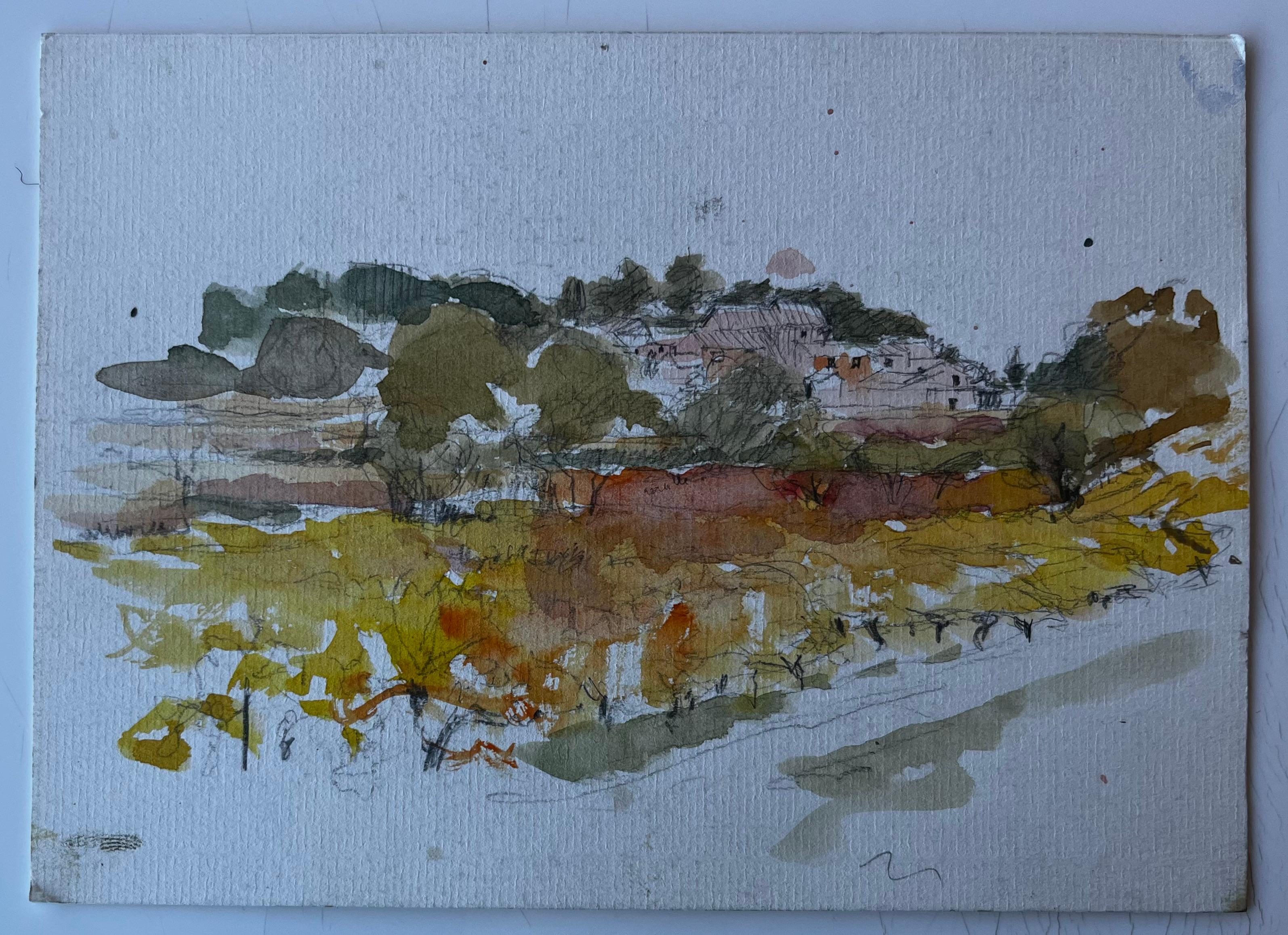 Paisaje campestre francés Acuarela de mediados de siglo de Pierre Neveu en venta 1