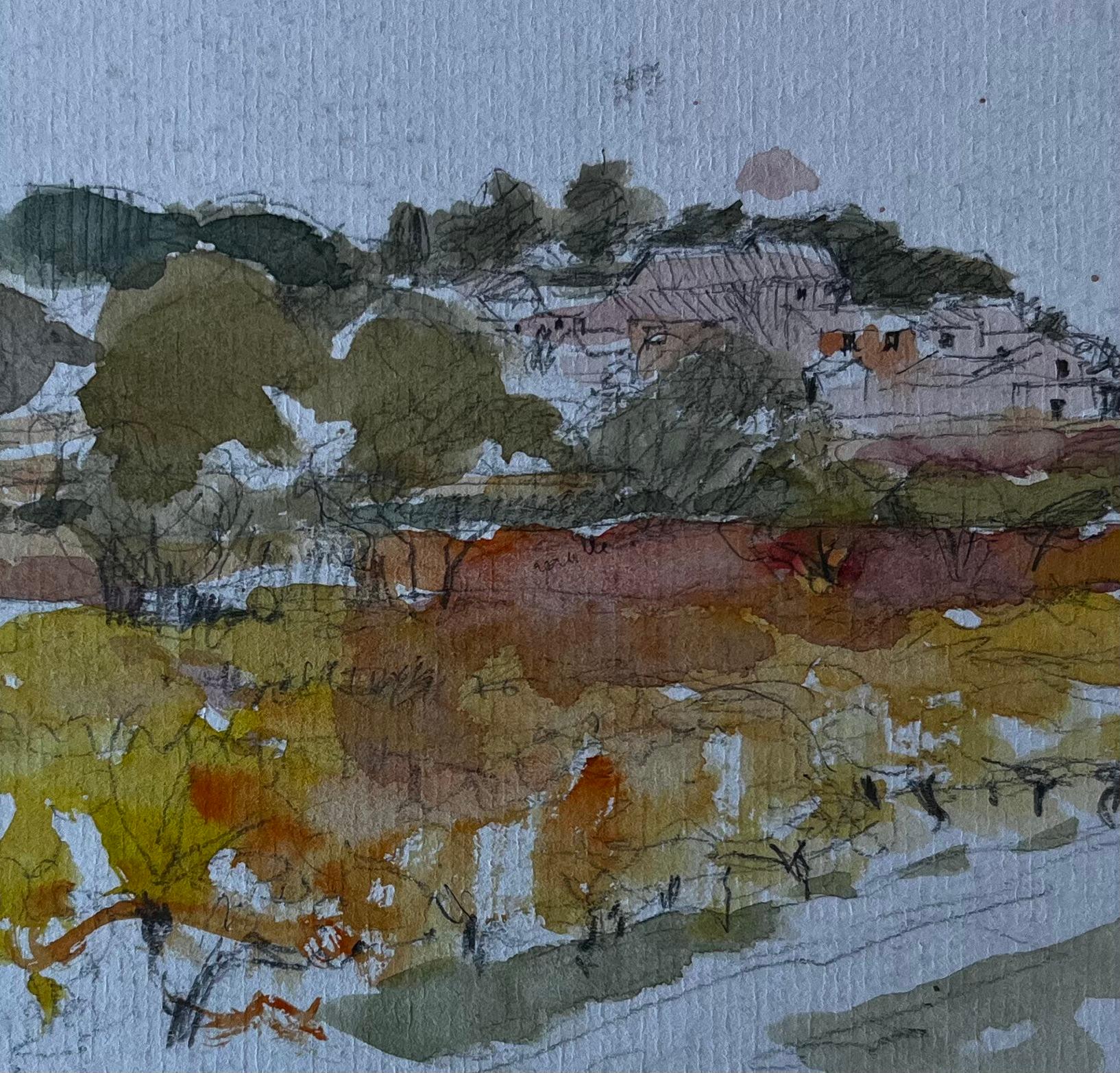 Paisaje campestre francés Acuarela de mediados de siglo de Pierre Neveu en venta 6