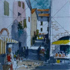 Mediterranean Street Market Study Mid Century Watercolour by Pierre Neveu