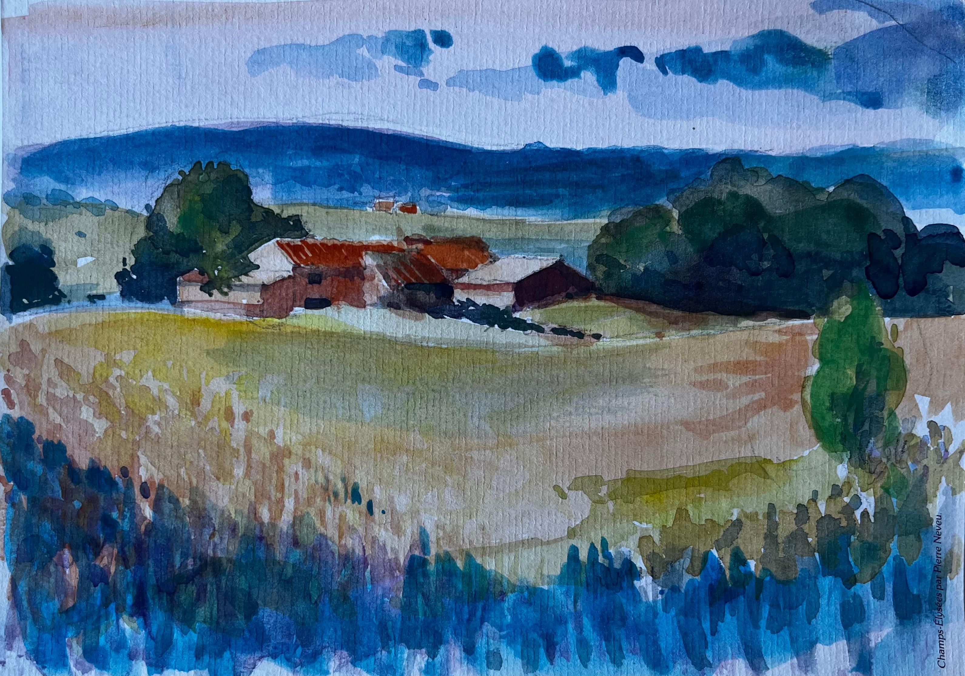 Französische Landschaft mit Bauernhäusern Mid Century Aquarell von Pierre Neveu