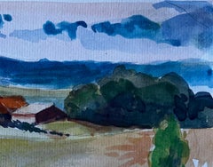 French Rural Landscape with Farmhouses Mid Century Watercolour by Pierre Neveu