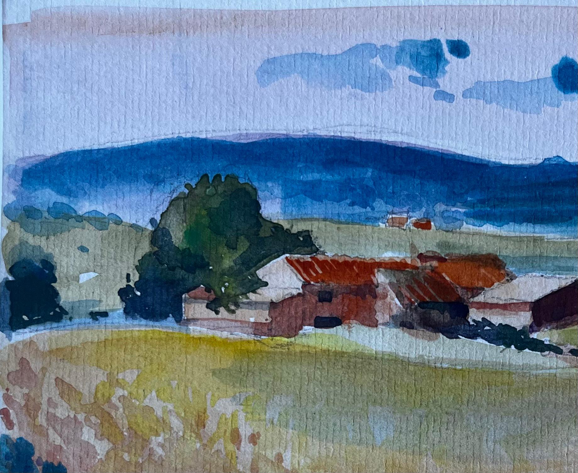 Paesaggio rurale francese con case coloniche Acquerello di metà secolo di Pierre Neveu in vendita 4