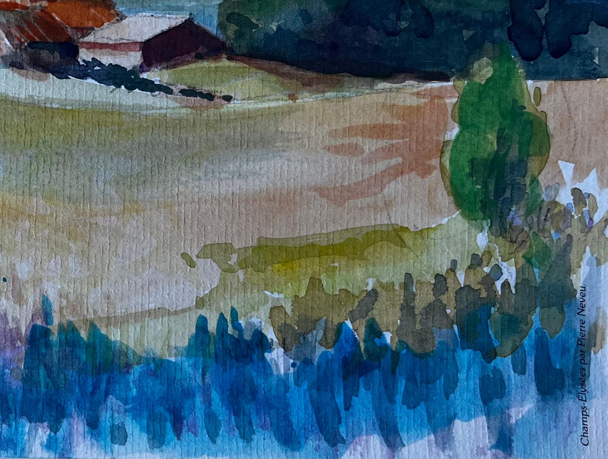 Paesaggio rurale francese con case coloniche Acquerello di metà secolo di Pierre Neveu in vendita 3