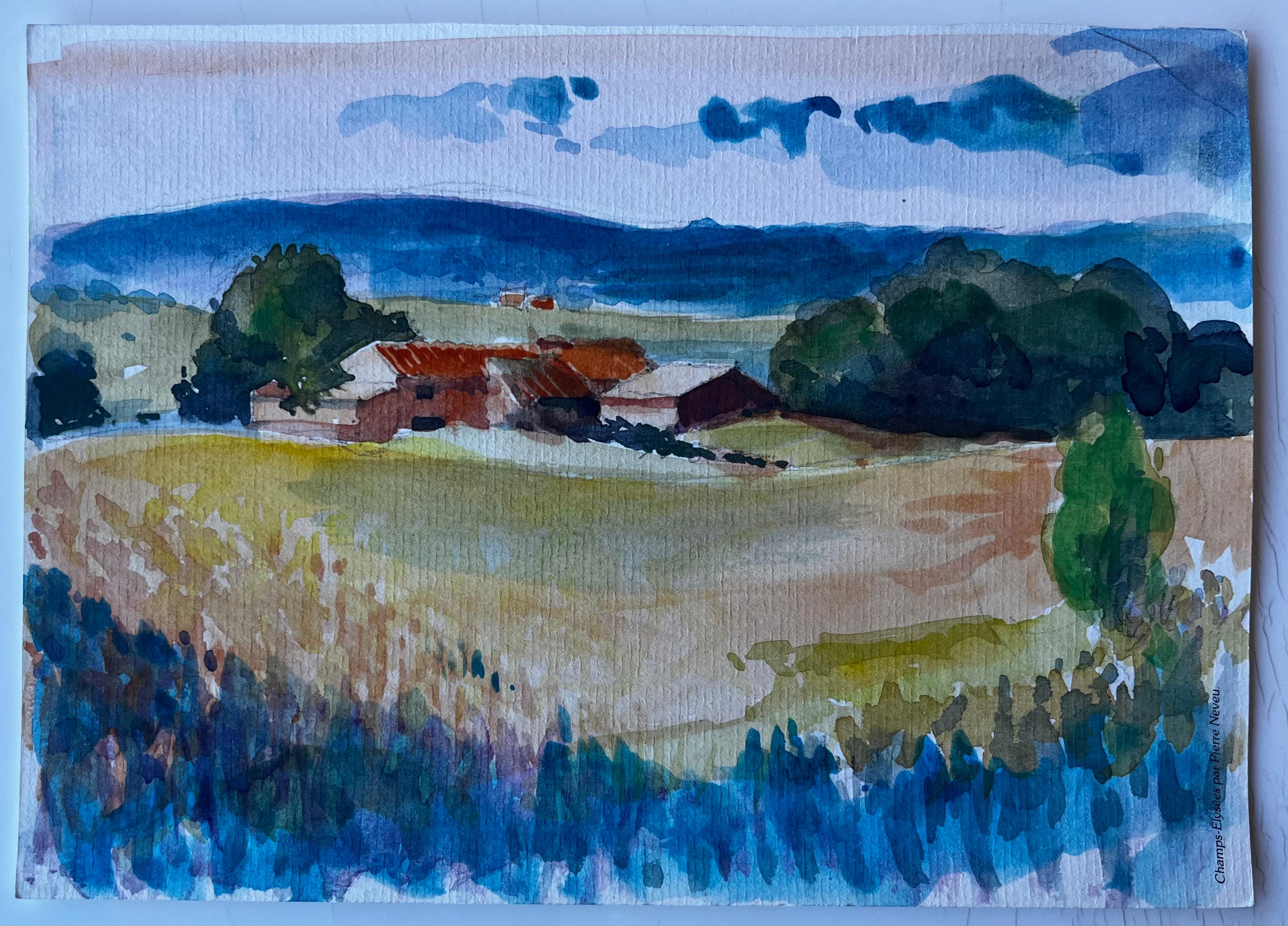 Paesaggio rurale francese con case coloniche Acquerello di metà secolo di Pierre Neveu in vendita 2