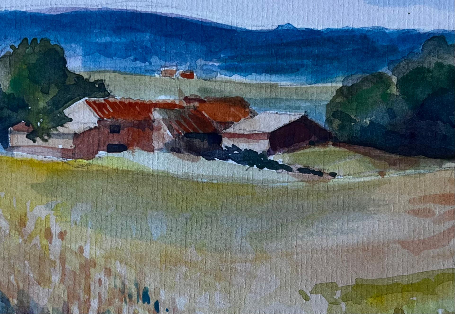 Paesaggio rurale francese con case coloniche Acquerello di metà secolo di Pierre Neveu in vendita 6