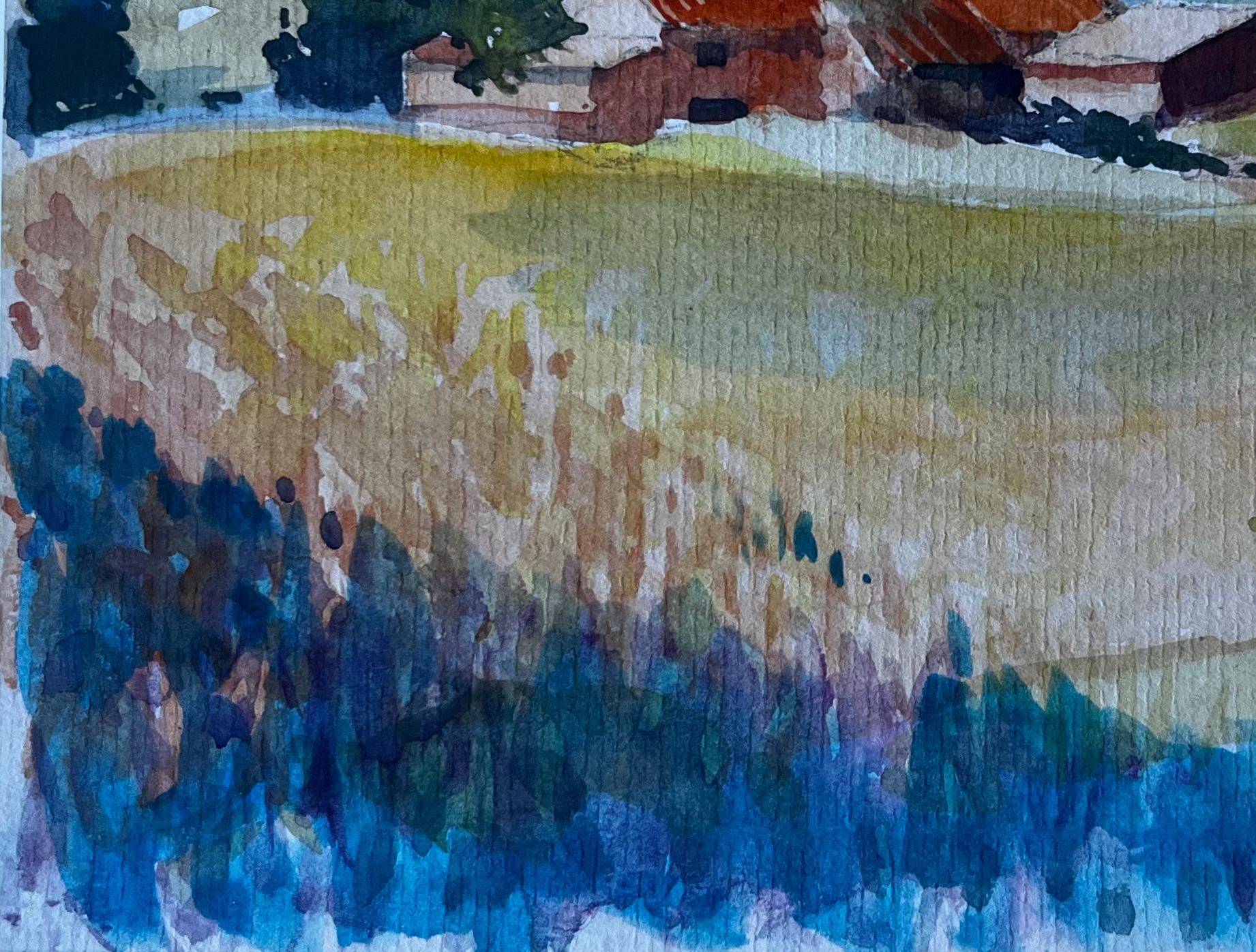 Paesaggio rurale francese con case coloniche Acquerello di metà secolo di Pierre Neveu in vendita 5