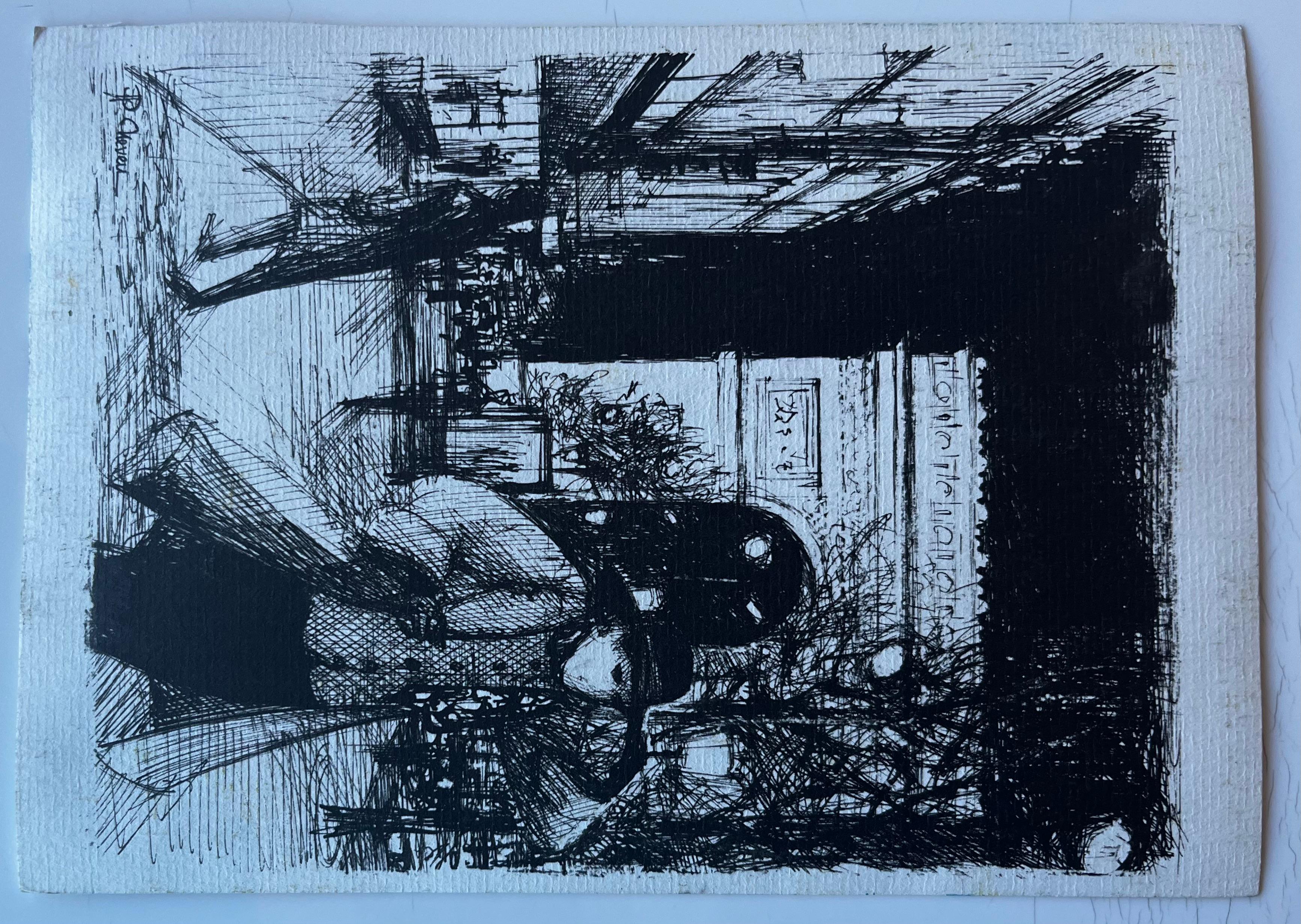 Paesaggio rurale francese con case coloniche Acquerello di metà secolo di Pierre Neveu in vendita 7