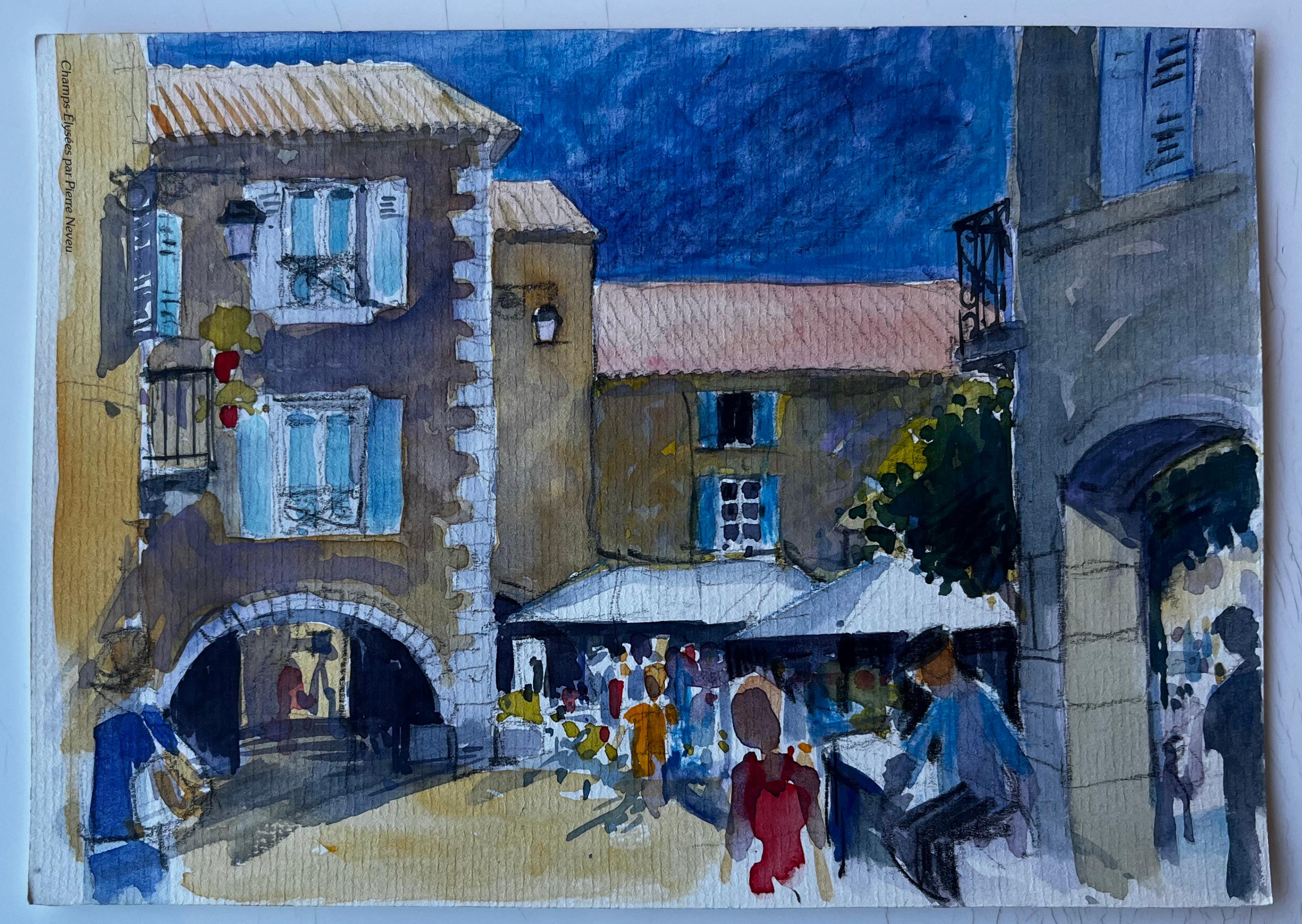 Piazza del villaggio francese con persiane blu Acquerello di Pierre Neveu, metà del secolo scorso in vendita 1