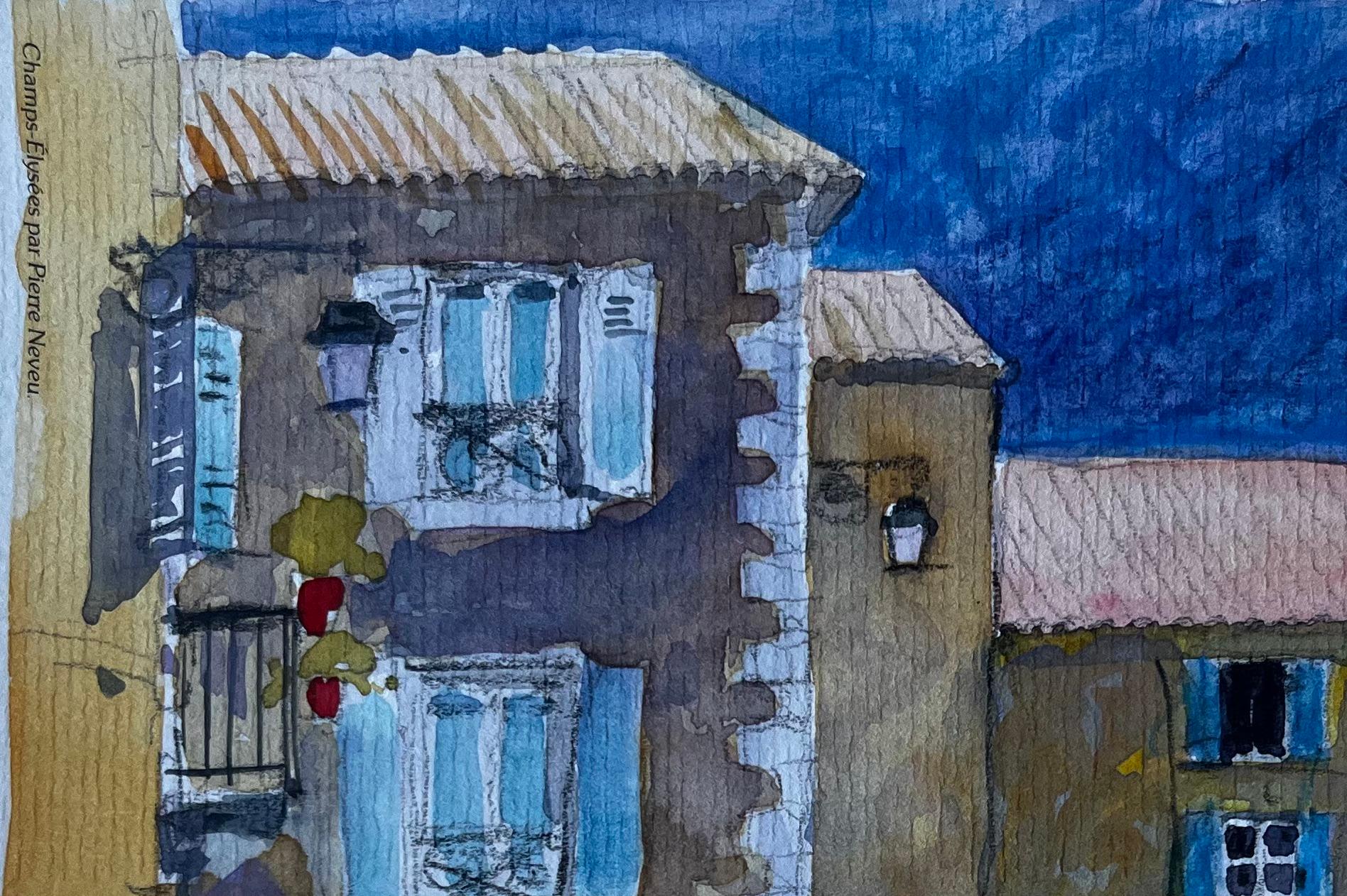 Piazza del villaggio francese con persiane blu Acquerello di Pierre Neveu, metà del secolo scorso in vendita 2