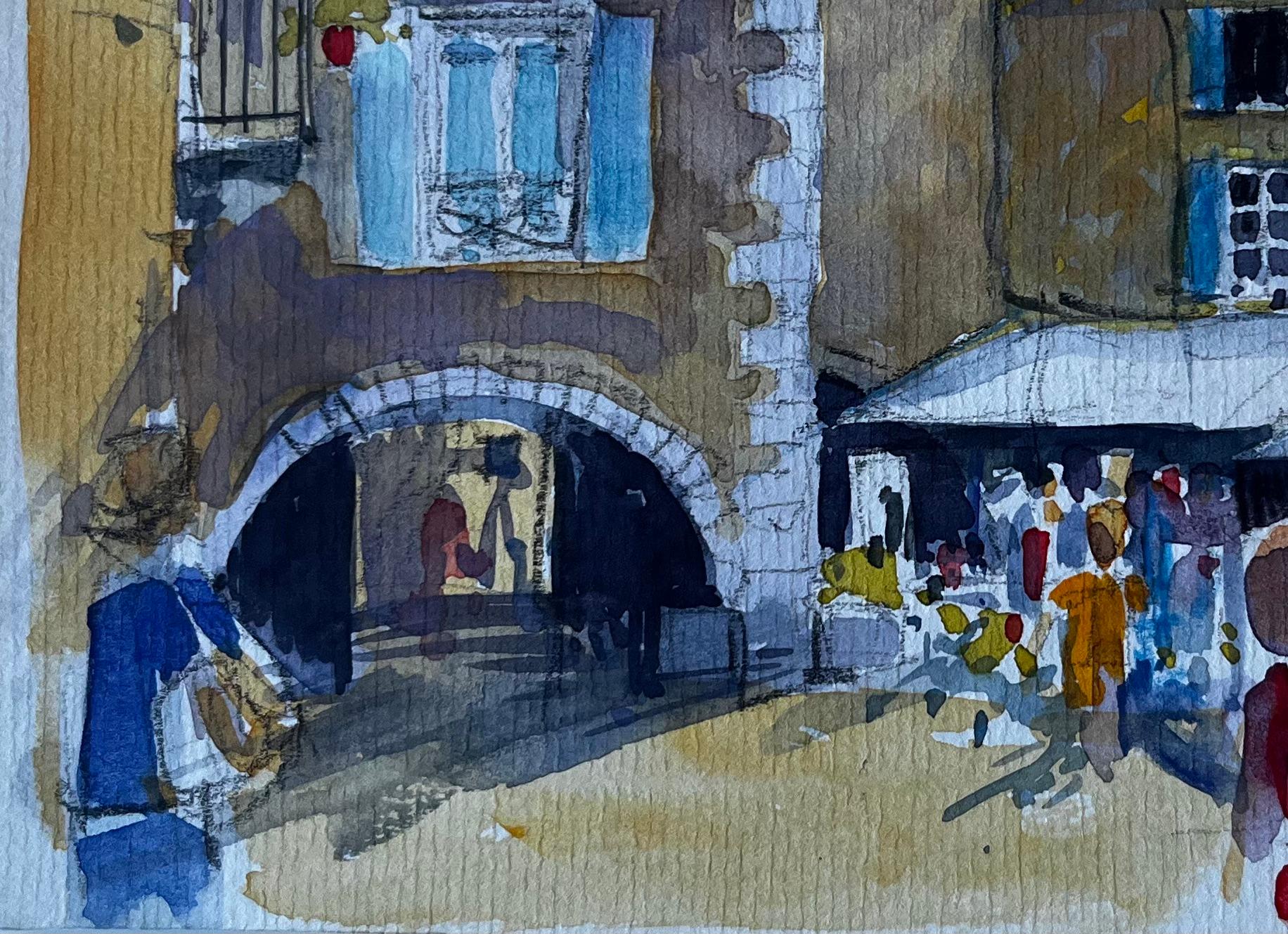 Piazza del villaggio francese con persiane blu Acquerello di Pierre Neveu, metà del secolo scorso in vendita 5