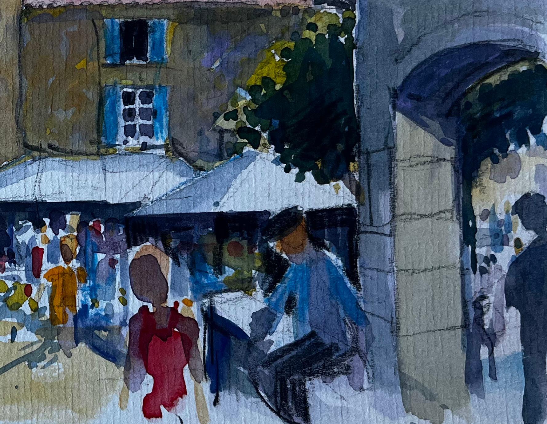 Piazza del villaggio francese con persiane blu Acquerello di Pierre Neveu, metà del secolo scorso in vendita 4