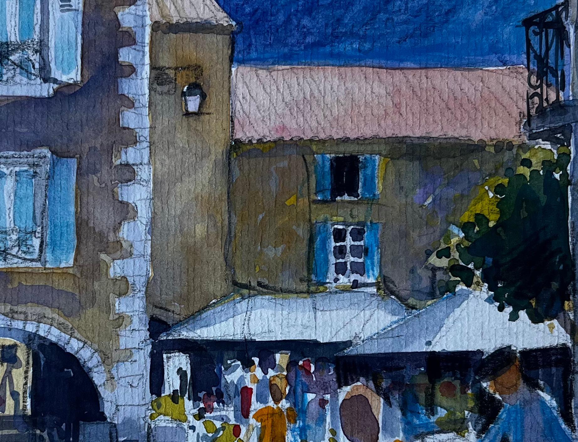 Piazza del villaggio francese con persiane blu Acquerello di Pierre Neveu, metà del secolo scorso in vendita 6