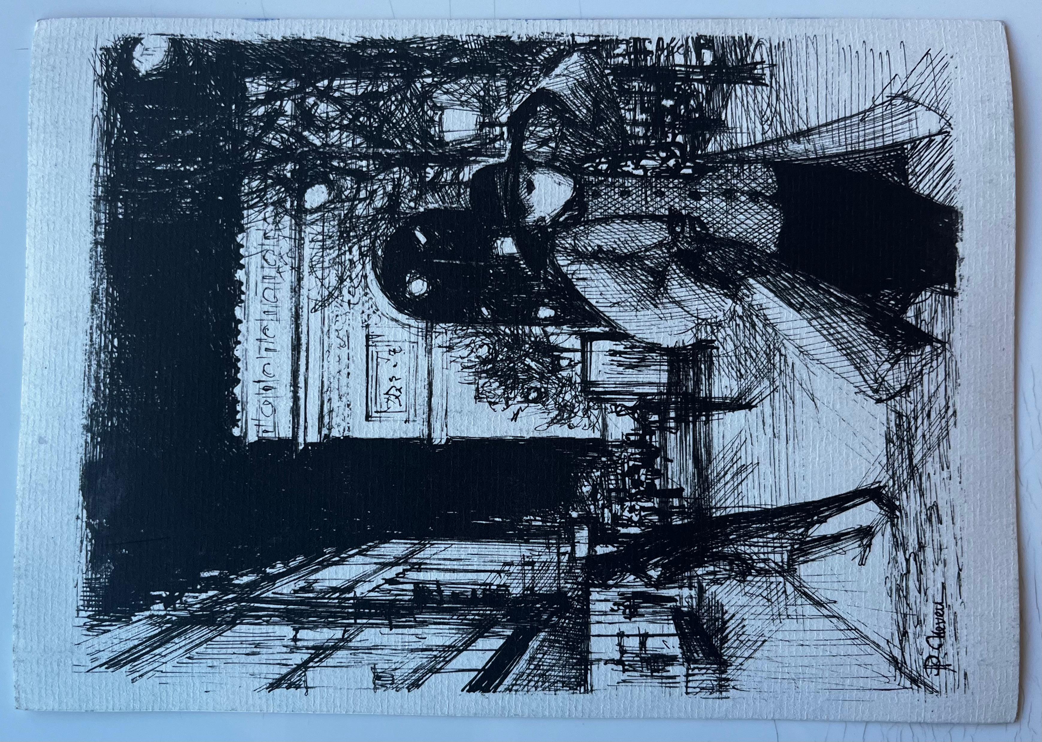 Piazza del villaggio francese con persiane blu Acquerello di Pierre Neveu, metà del secolo scorso in vendita 7