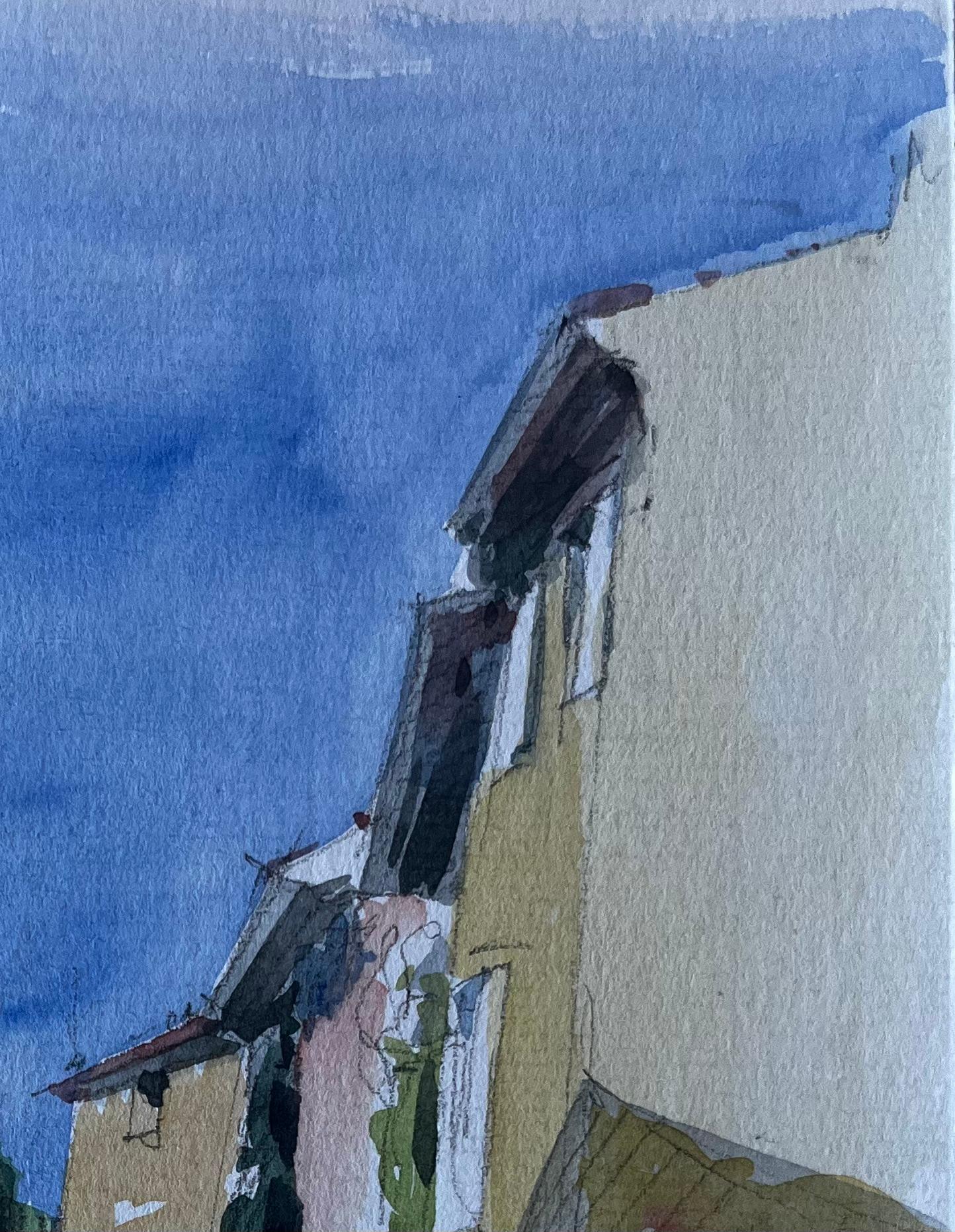 Strada di un villaggio italiano con case illuminate dal sole e cielo blu, acquerello - Painting Postimpressionismo di Pierre Neveu