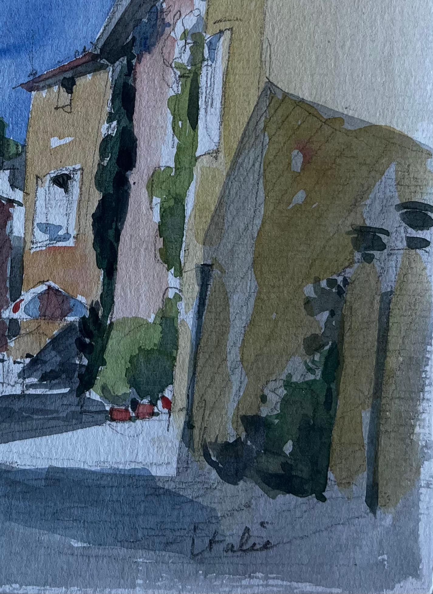 Strada di un villaggio italiano con case illuminate dal sole e cielo blu, acquerello - Landscape Painting Blu di Pierre Neveu