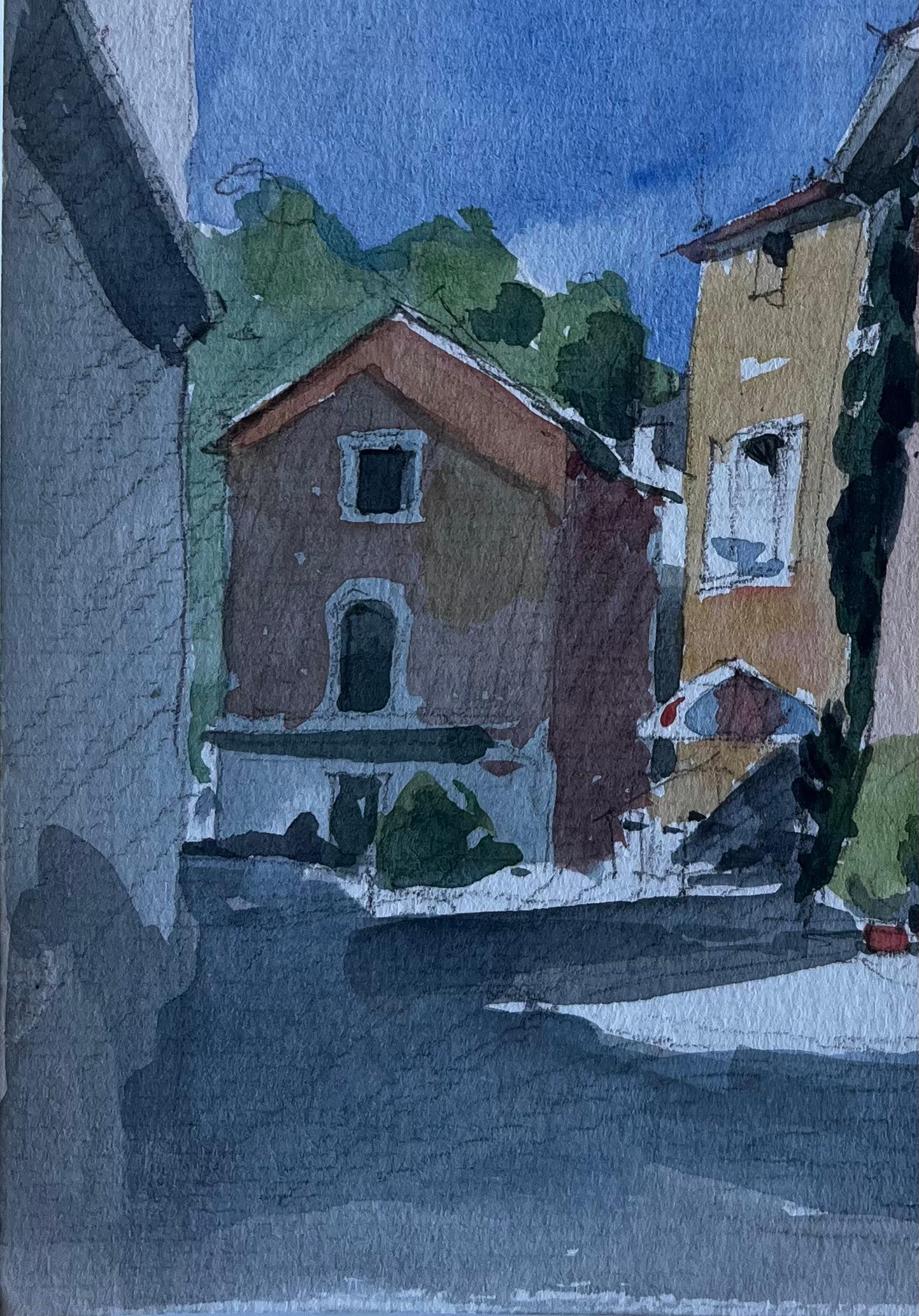 Titolo: Strada del villaggio italiano con case illuminate dal sole e cielo blu, acquerello
Artista: Pierre Neveu (francese, nato nel 1929)
Medium: Acquerello su carta d'artista, senza cornice
Dimensioni (H. x L): 8,5 x 6,25 pollici
Condizioni: Nel