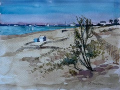 Dune e capanne sulla spiaggia di Saint Briac sur Mer, Bretagna, acquerello francese