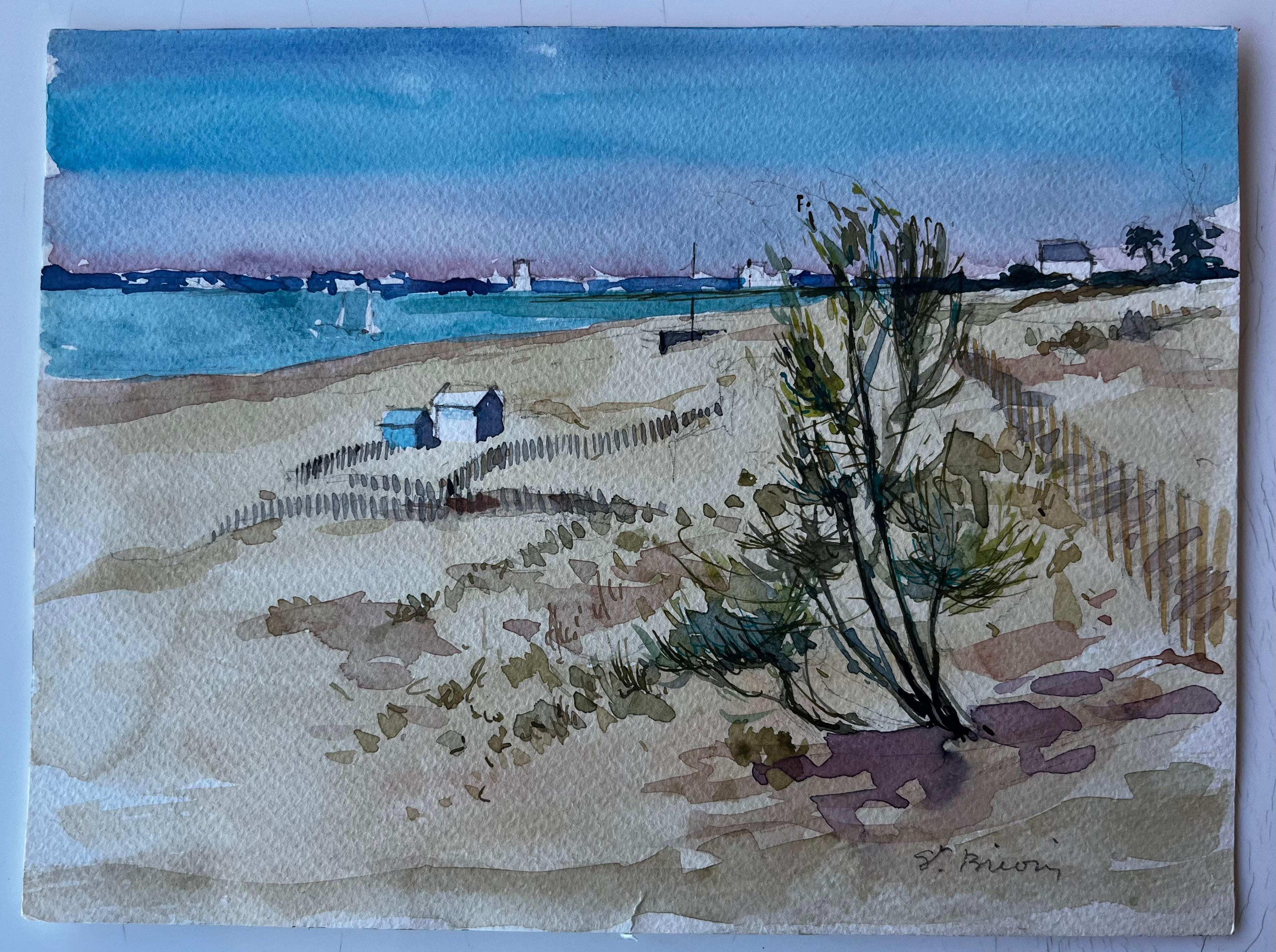 Dunes et cabanes de plage à Saint Briac sur Mer Bretagne Aquarelle française - Painting de Pierre Neveu