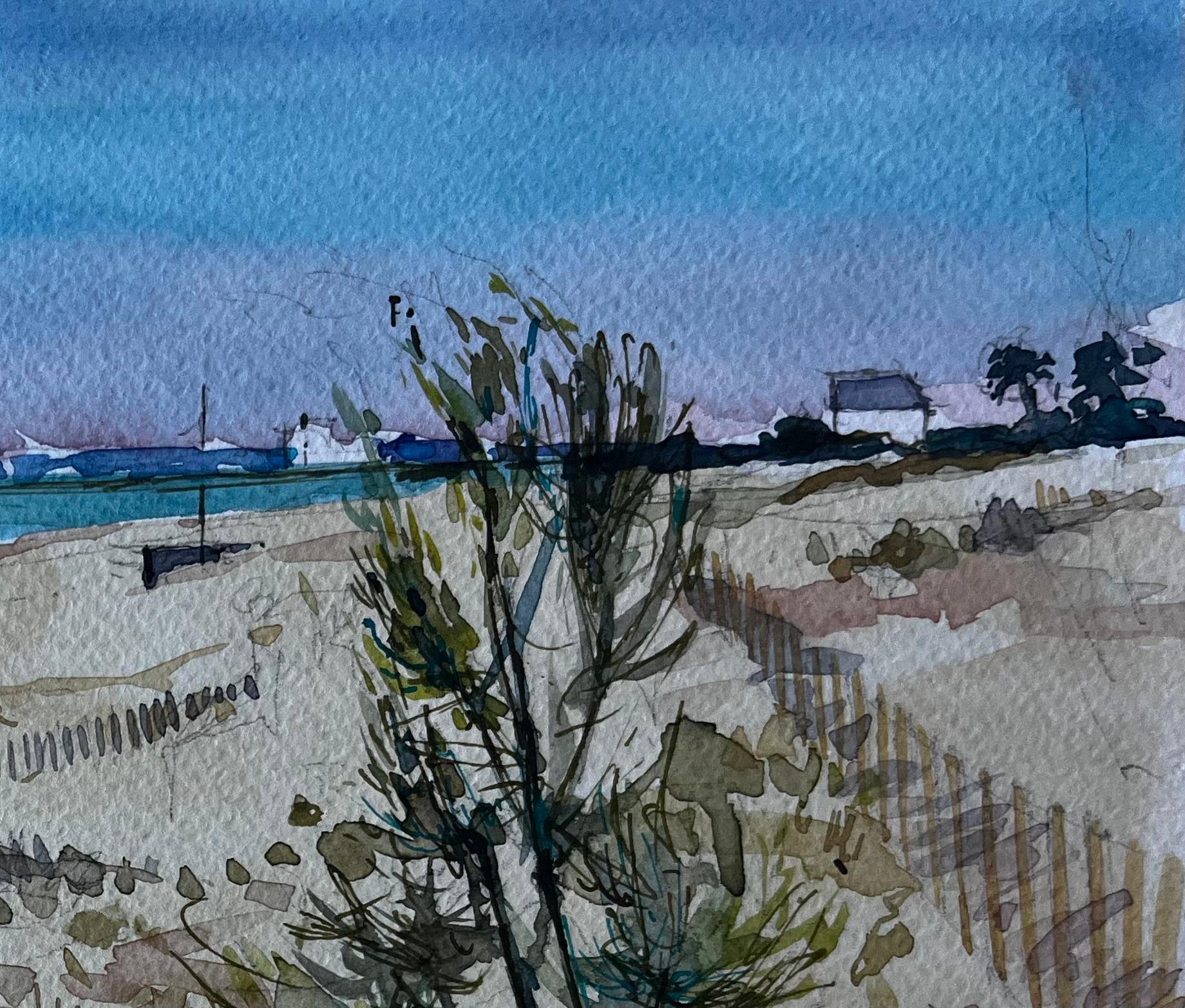 Dunes et cabanes de plage à Saint Briac sur Mer Bretagne Aquarelle française - Post-impressionnisme Painting par Pierre Neveu
