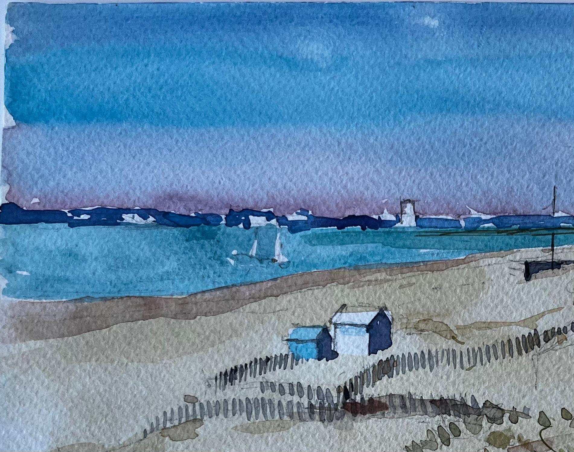 Dunes et cabanes de plage à Saint Briac sur Mer Bretagne Aquarelle française - Gris Landscape Painting par Pierre Neveu