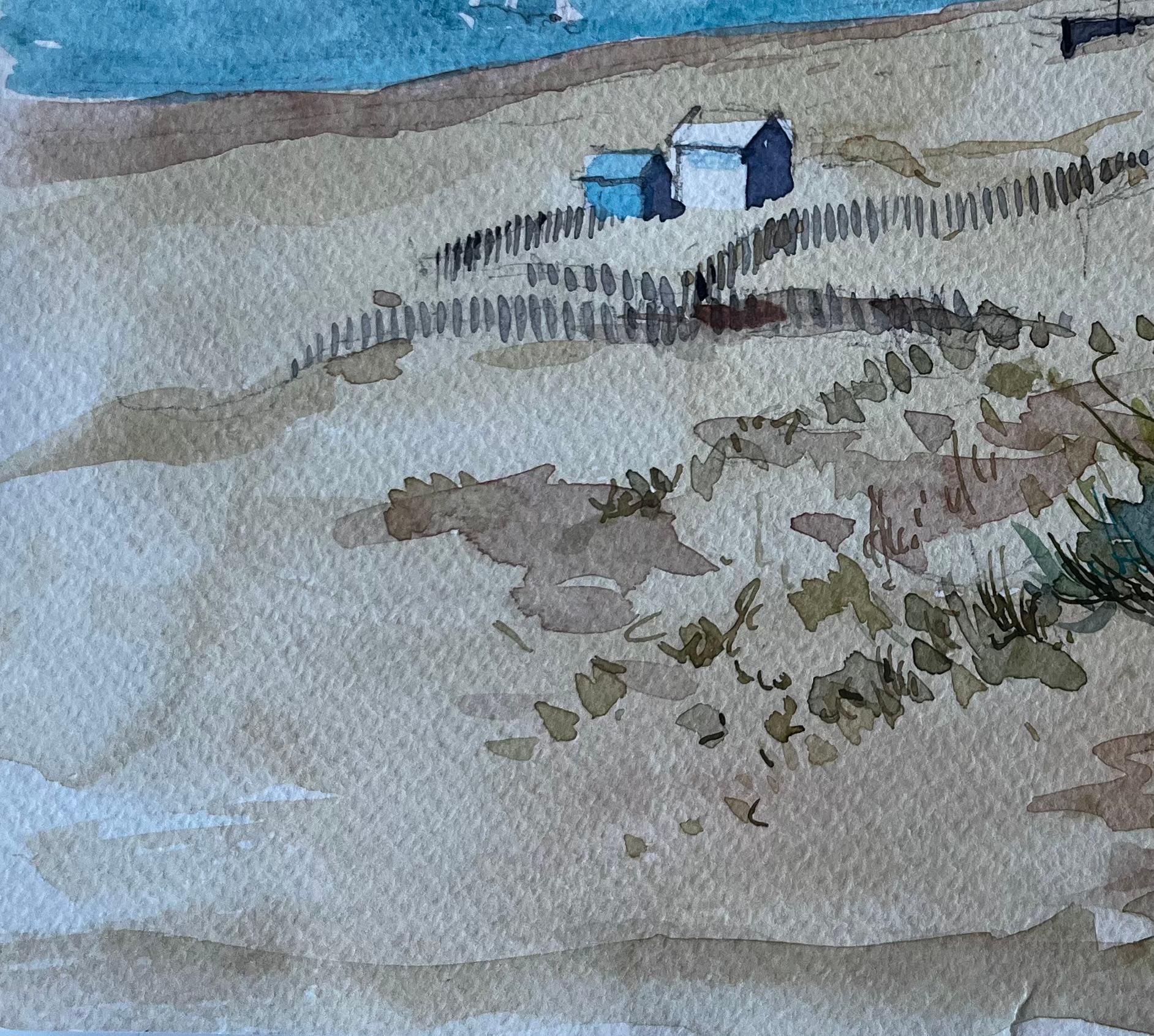 Dunes et cabanes de plage à Saint Briac sur Mer Bretagne Aquarelle française en vente 1