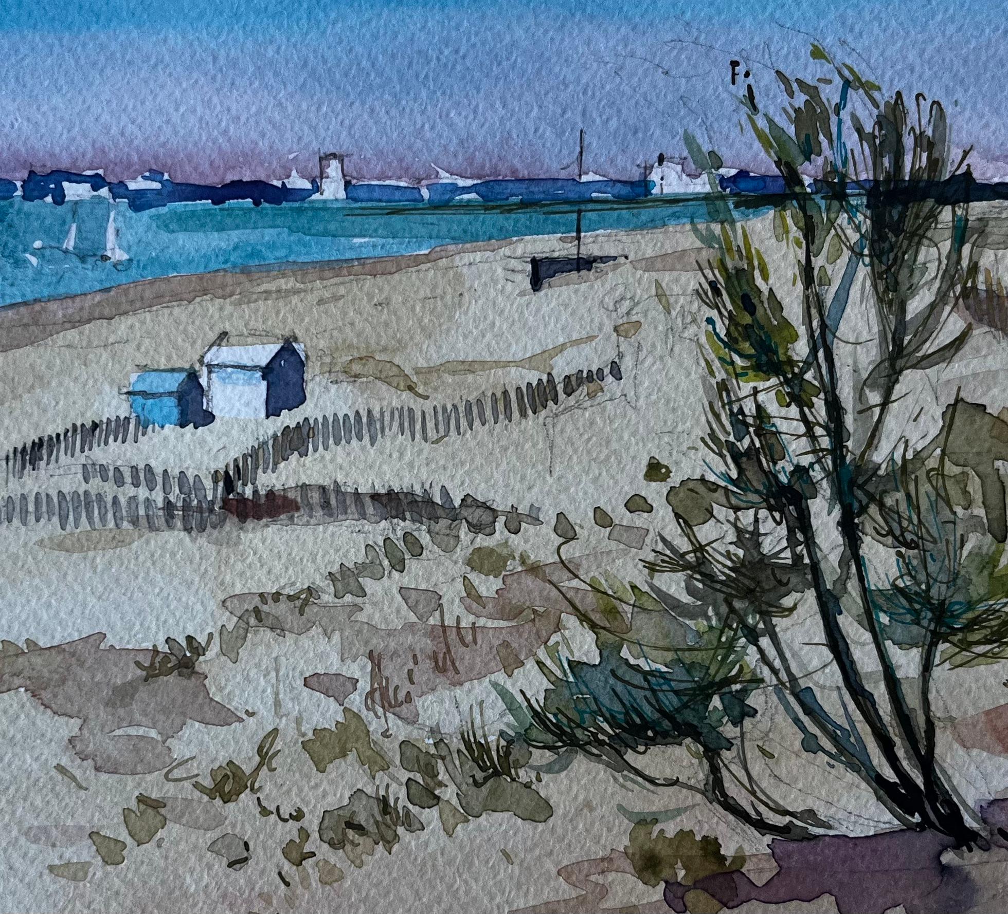 Dunes et cabanes de plage à Saint Briac sur Mer Bretagne Aquarelle française en vente 2