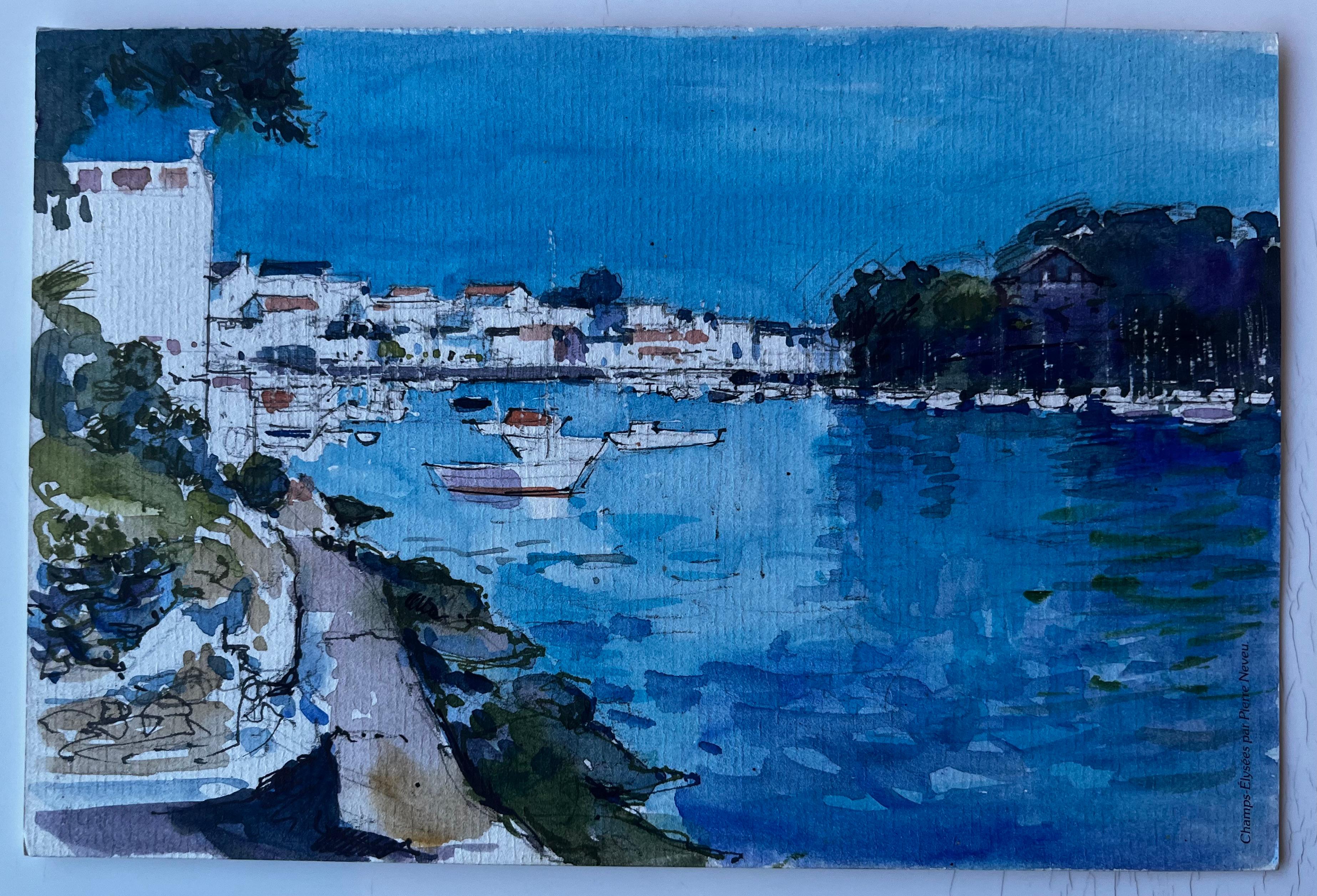 Hafen von La Trinité sur Mer Bretagne Französisch Küsten Aquarell – Art von Pierre Neveu