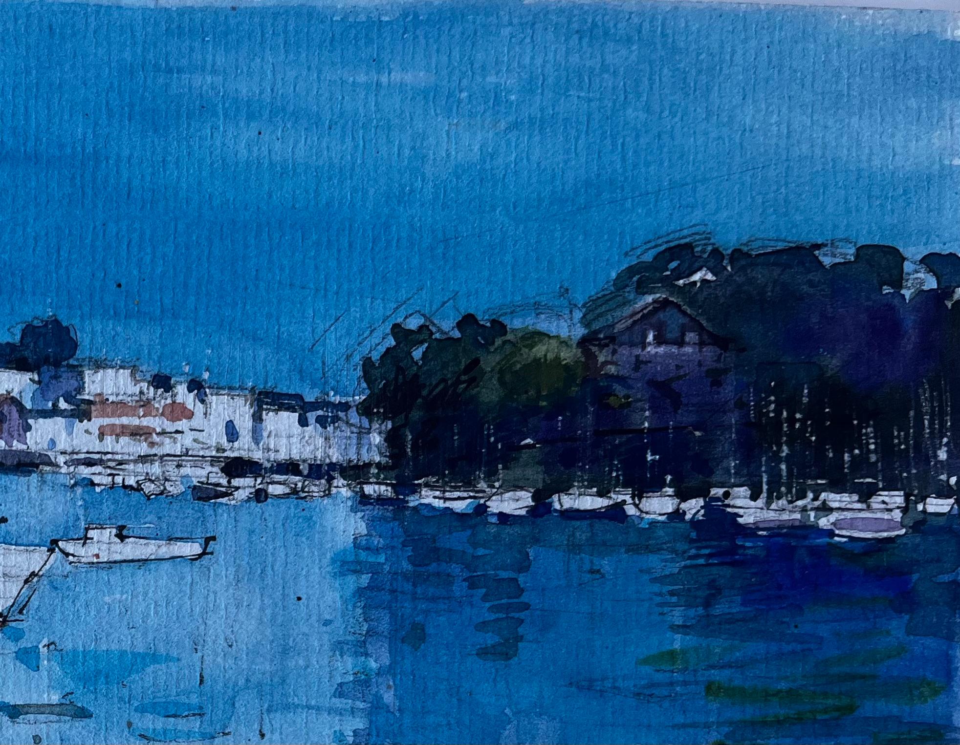 Hafen von La Trinité sur Mer Bretagne Französisch Küsten Aquarell (Blau), Landscape Art, von Pierre Neveu