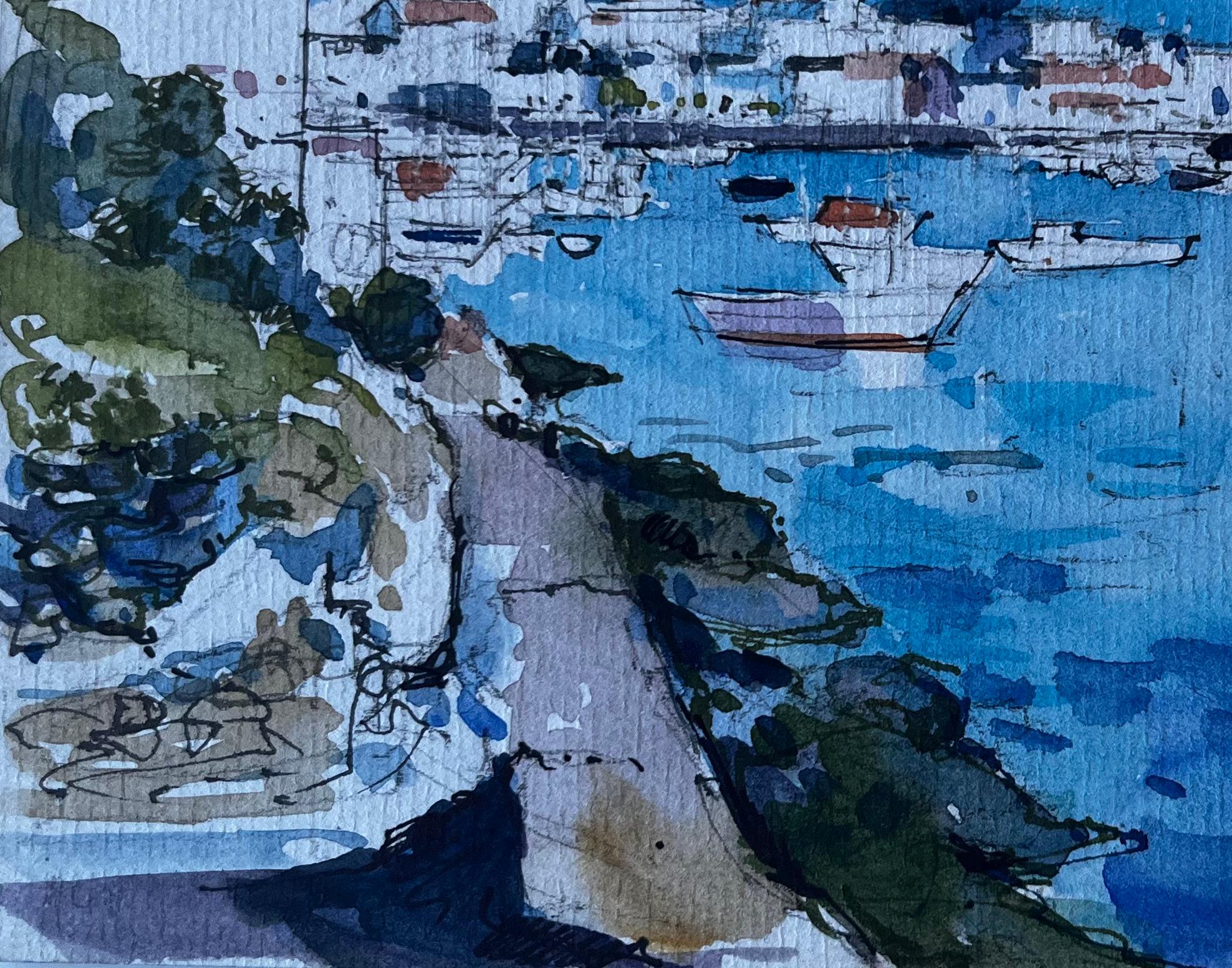 Hafen von La Trinité sur Mer Bretagne Französisch Küsten Aquarell im Angebot 1