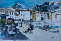 Pierre Neveu - Harbour Promenade at Cassis South of France French Watercolour by Pierre Neveu Harbour Promenade at Cassis South of France French Watercolour by Pierre Neveu
