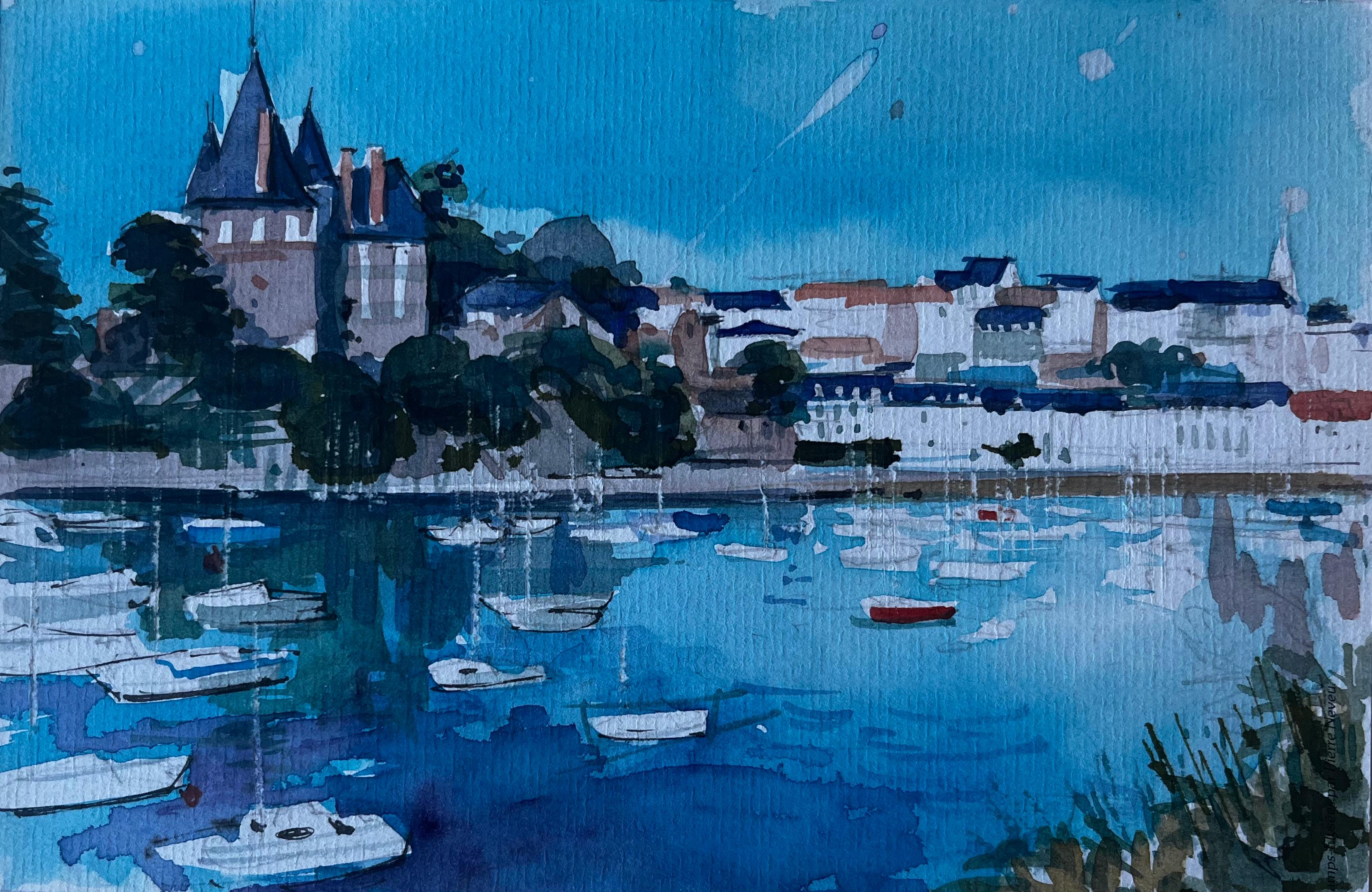 Castello e porto di Pornic Bretagna Acquerello costiero francese