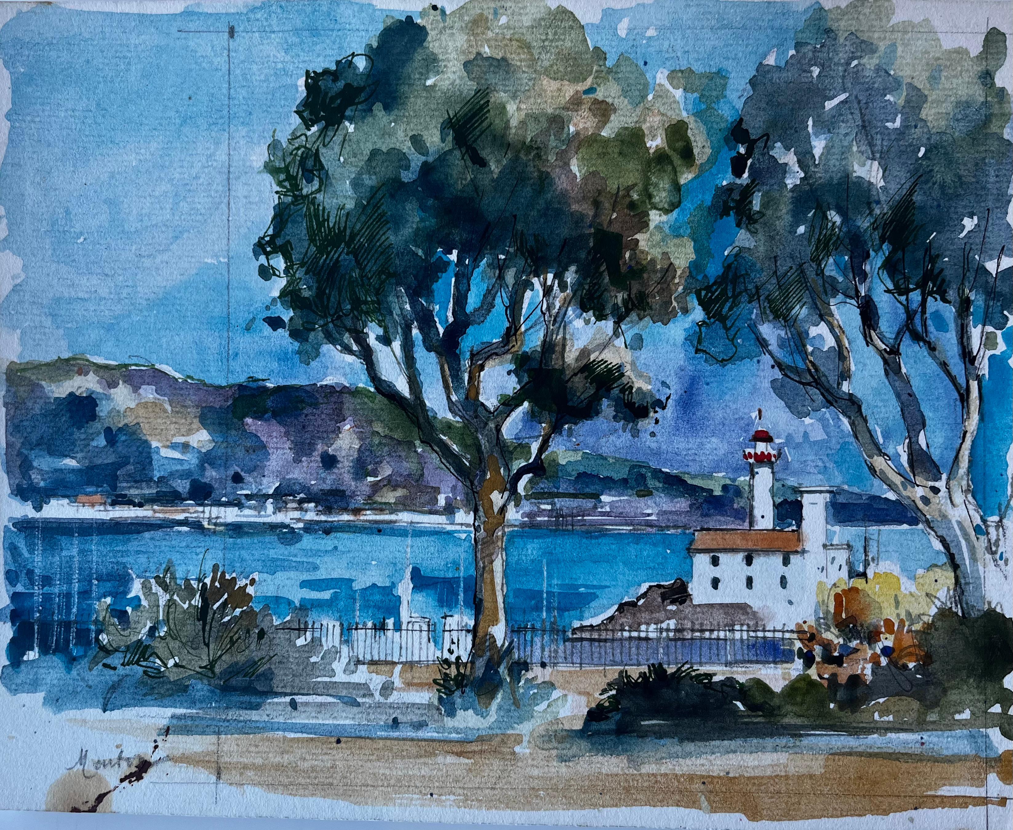Faro di Mentone Costa Azzurra Mediterraneo Acquerello di Pierre Neveu