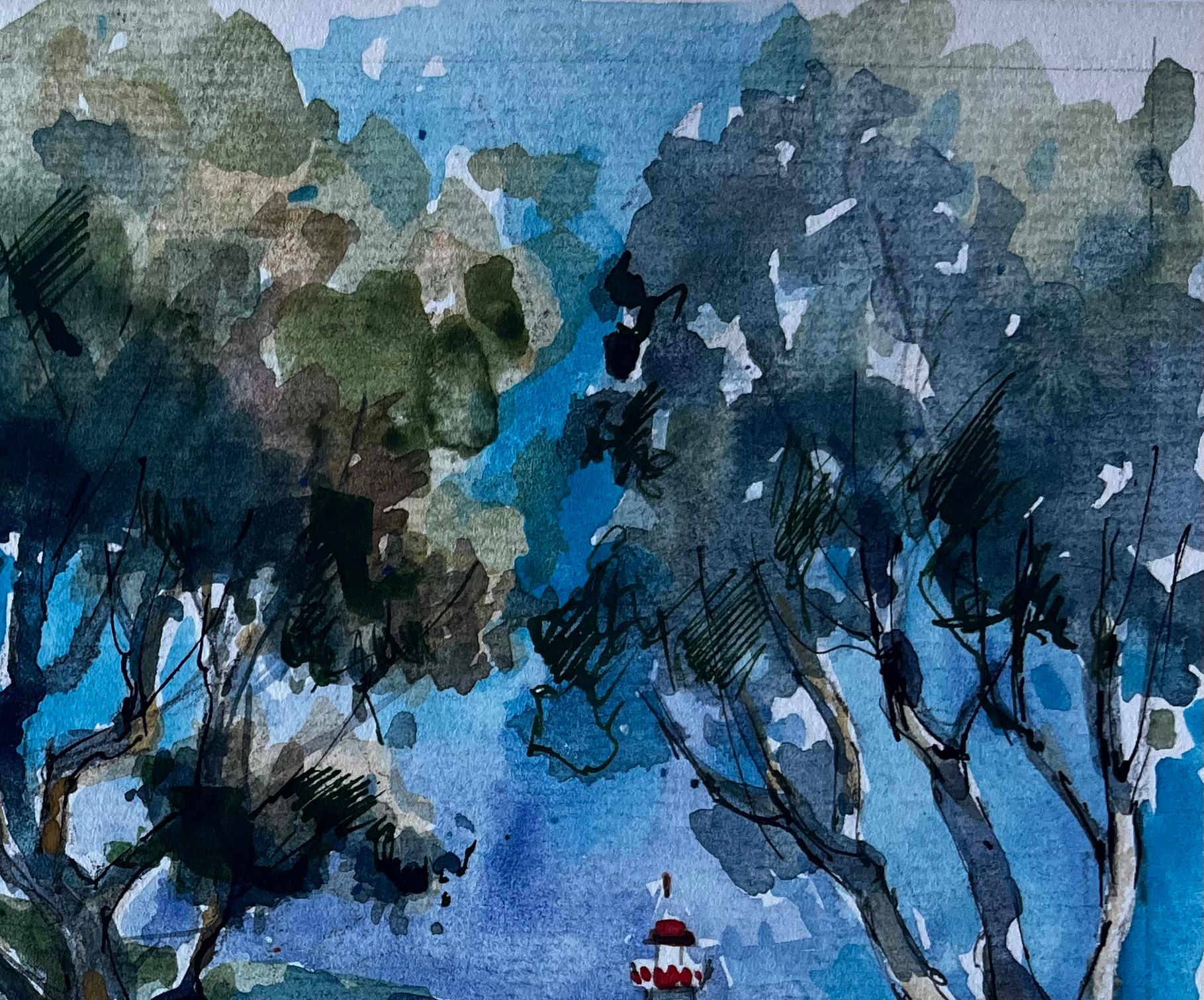 Leuchtturm in Menton Französische Riviera Mittelmeer Aquarell von Pierre Neveu im Angebot 3