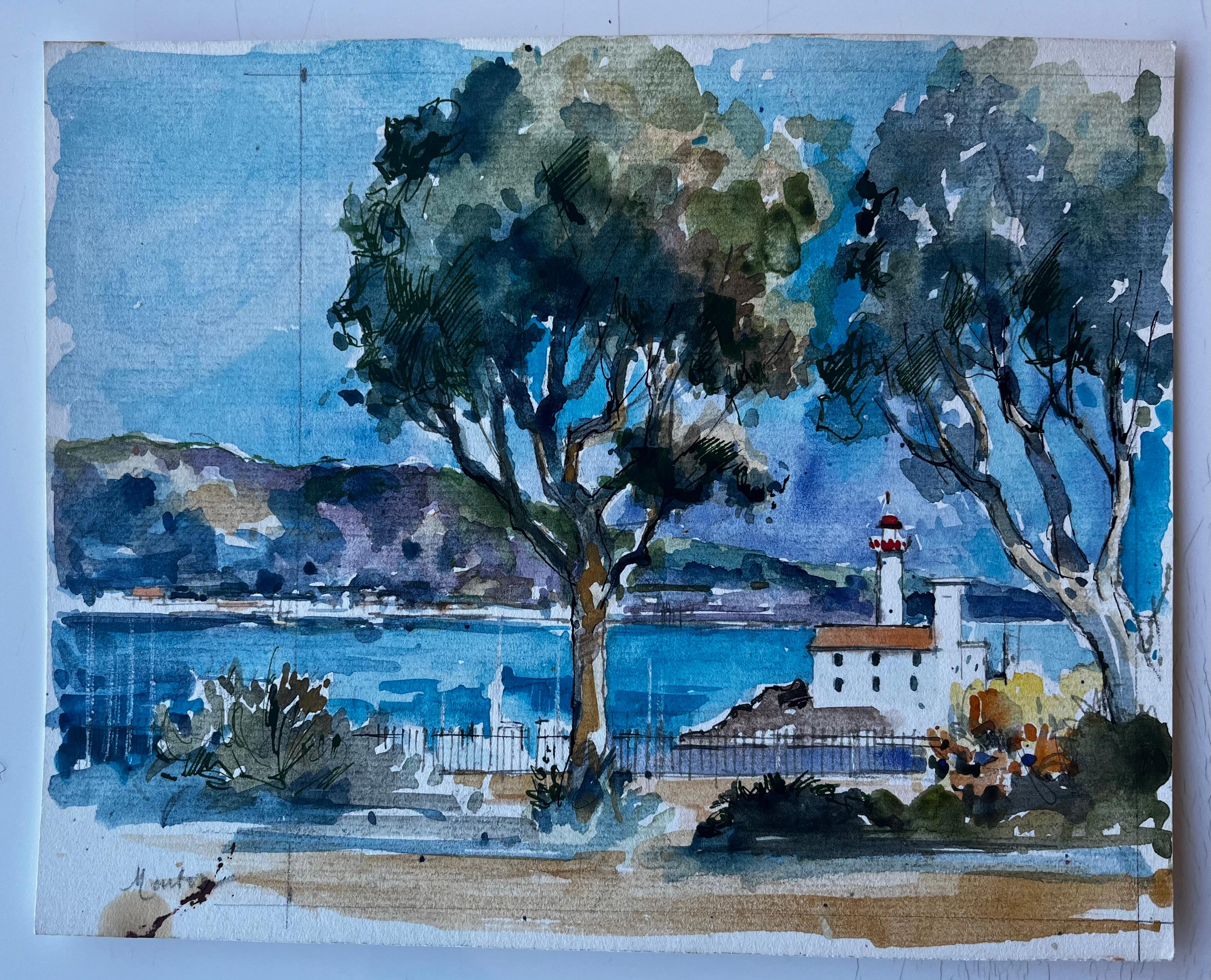 Leuchtturm in Menton Französische Riviera Mittelmeer Aquarell von Pierre Neveu im Angebot 1