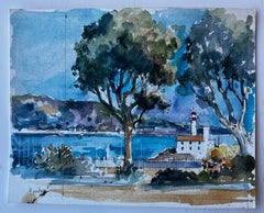 Lighthouse at Menton French Riviera Mediterranean Watercolour by Pierre Neveu