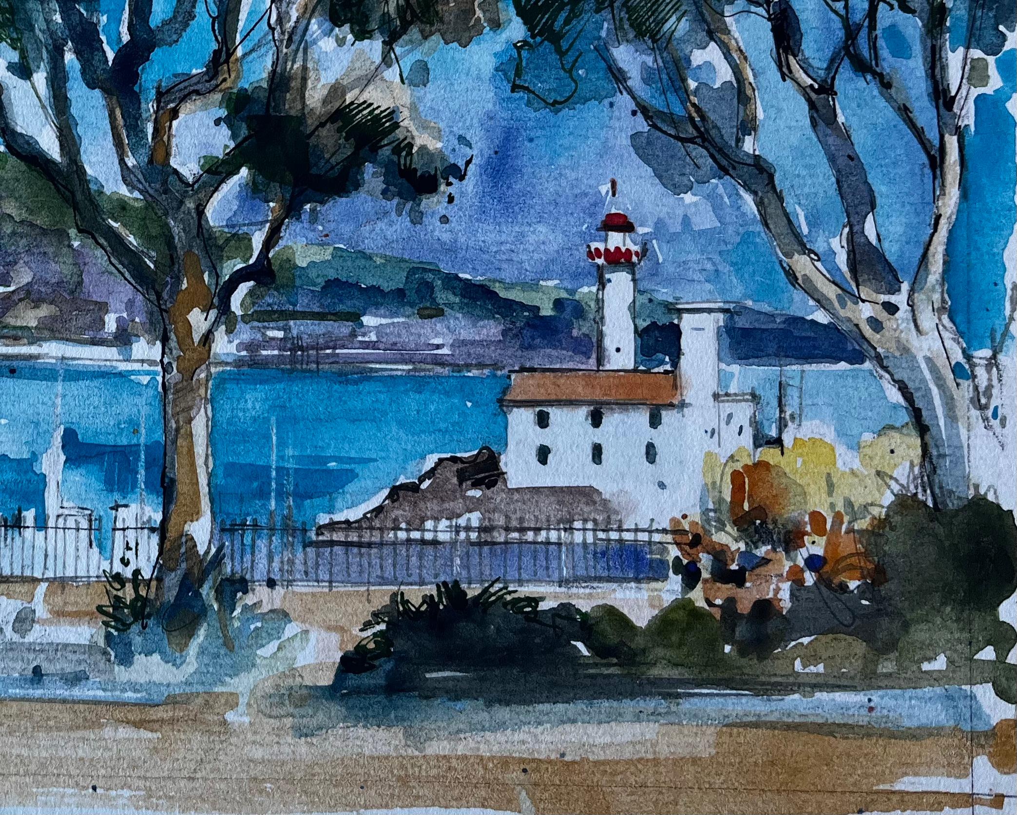 Leuchtturm in Menton Französische Riviera Mittelmeer Aquarell von Pierre Neveu im Angebot 2
