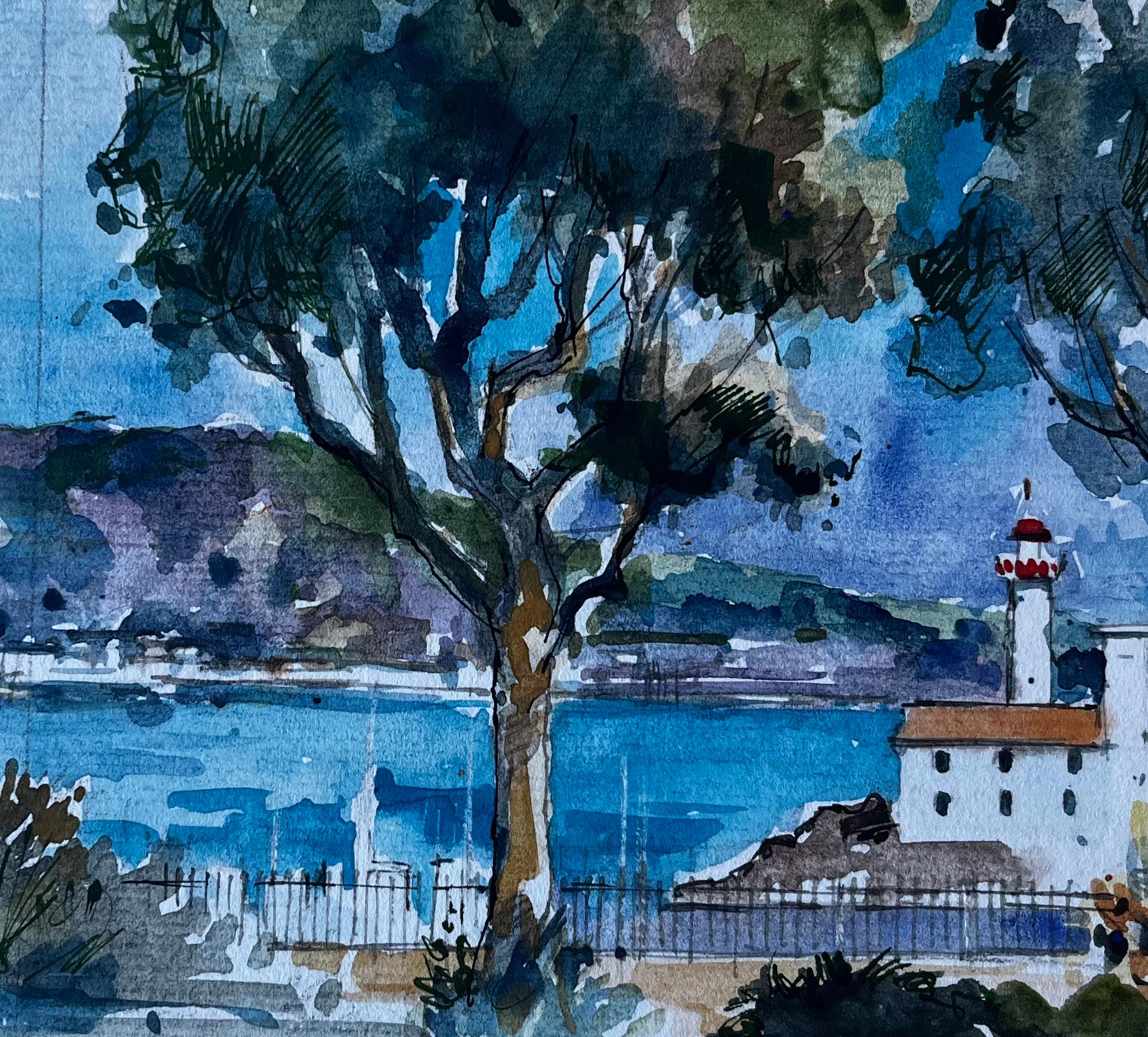 Leuchtturm in Menton Französische Riviera Mittelmeer Aquarell von Pierre Neveu im Angebot 6