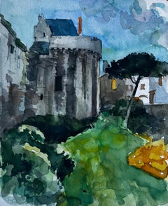 Torre del castello e giardini di Vannes Bretagna Acquerello francese di Pierre Neveu