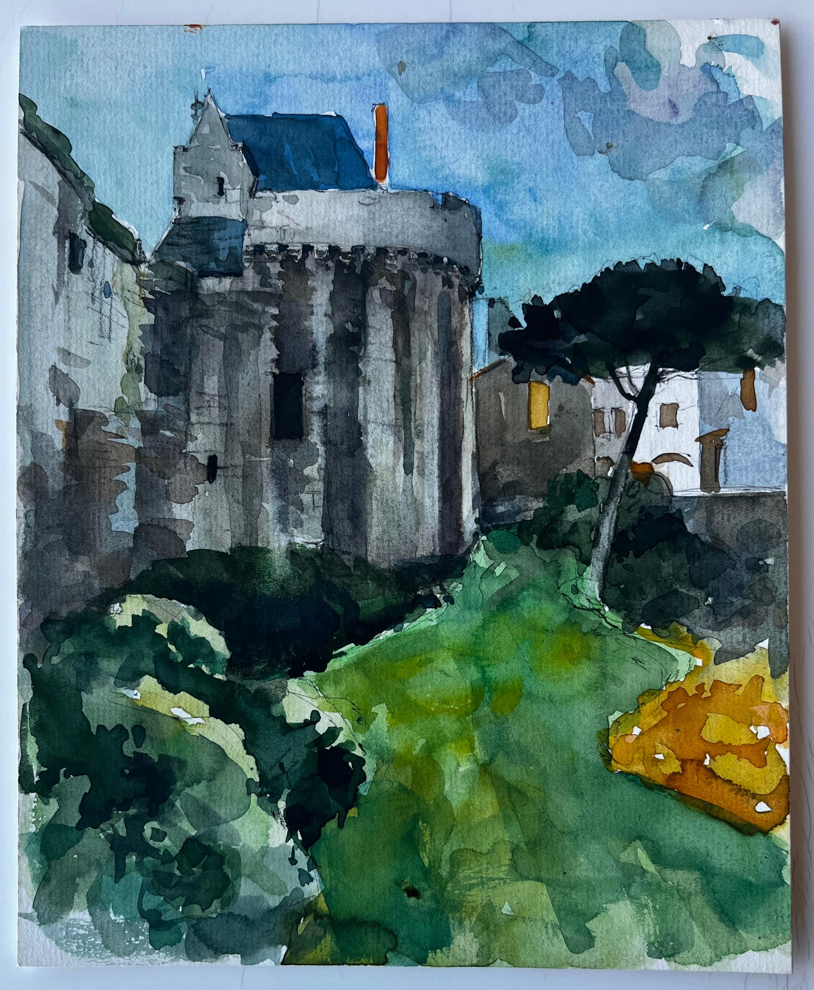 Château Turm und Gärten in Vannes Bretagne Französisch Aquarell von Pierre Neveu im Angebot 1