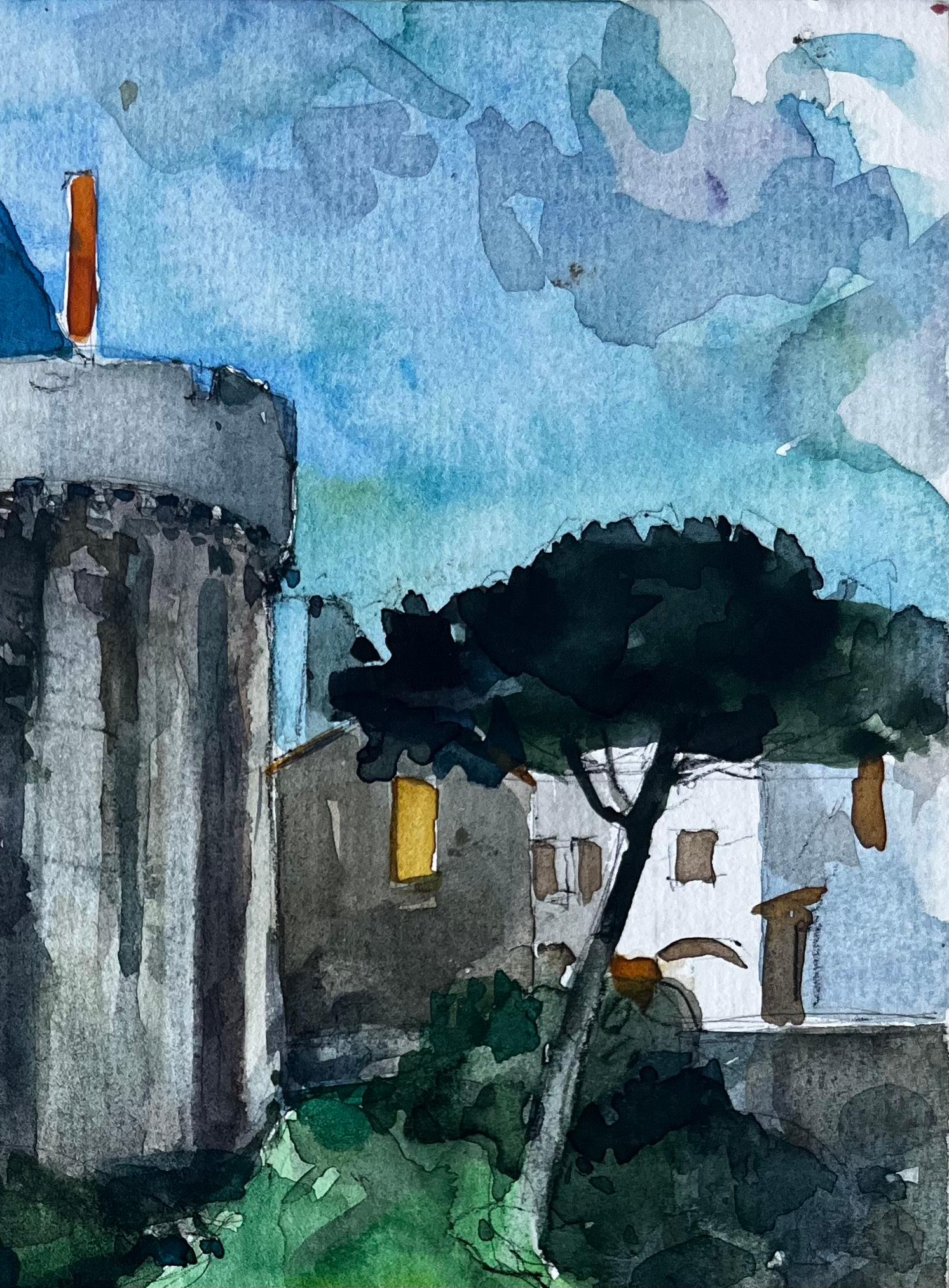 Château Turm und Gärten in Vannes Bretagne Französisch Aquarell von Pierre Neveu im Angebot 3