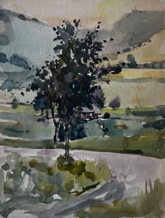 Albero in una valle di montagna Paesaggio francese Acquerello di Pierre Neveu