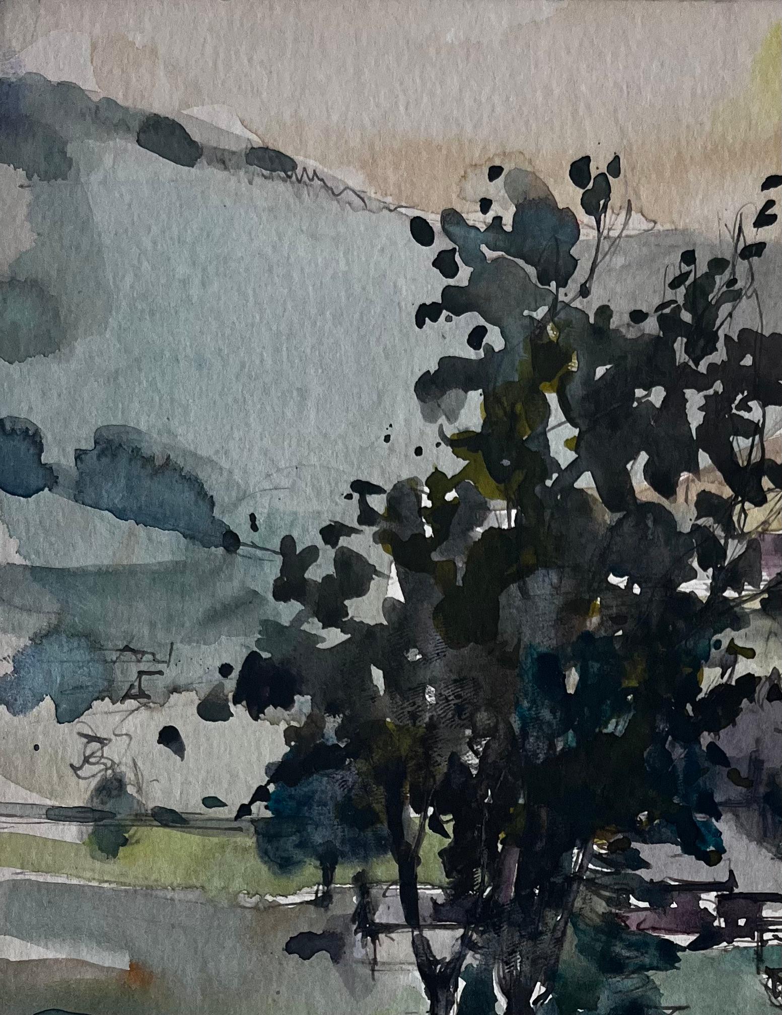 Árbol en valle de montaña Paisaje francés Acuarela de Pierre Neveu en venta 1