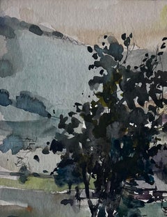 Tree in Mountain Valley French Landscape Watercolour by Pierre Neveu