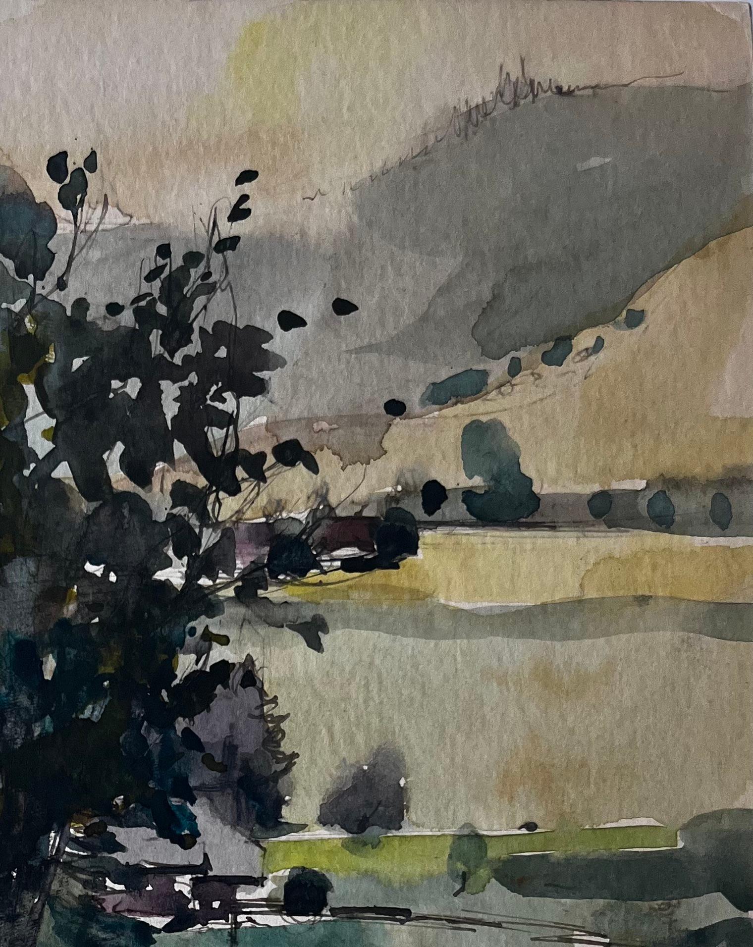 Árbol en valle de montaña Paisaje francés Acuarela de Pierre Neveu en venta 3